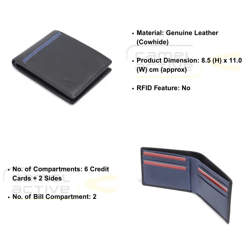 camel active Men's Genuine Cowhide Leather Bi Fold Wallet 6 Card Slots Wax Finished - Black SW0812BS2#BLK - Image 8