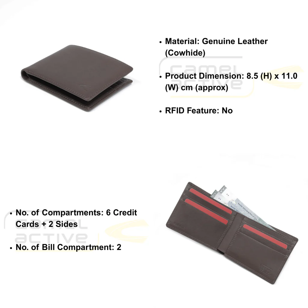 camel active Men's Genuine Cowhide Leather Bi Fold Wallet 6 Card Slots Wax Finished -Dark Brown SW2B21WX2#DBN - Image 8