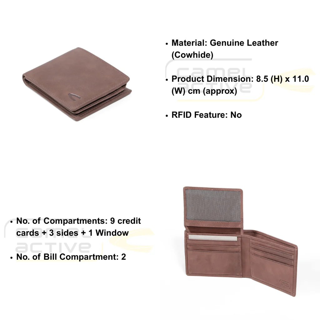 camel active Men's Genuine Cowhide Leather Bi Fold Wallet 9 Card Slots Brushed Finished -Brown UBF3B32SB3#BRN - Image 8