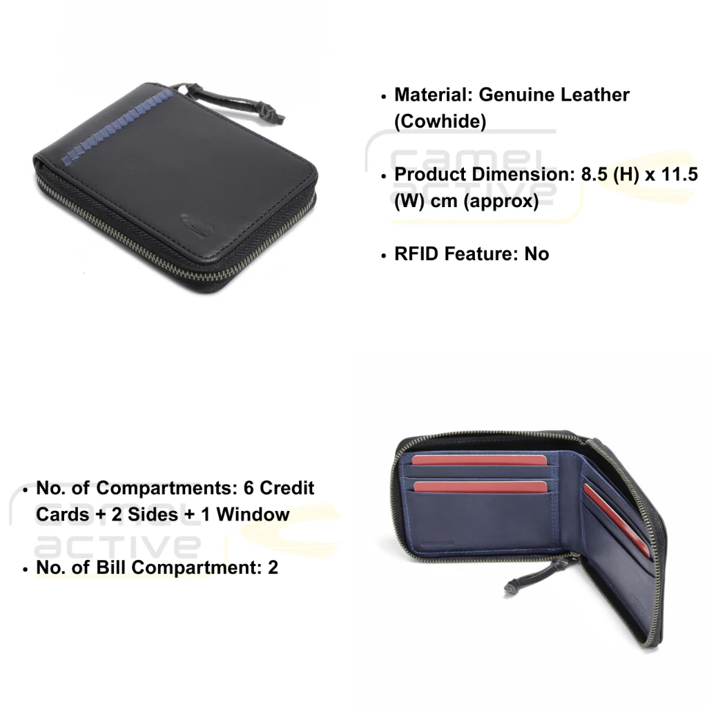 camel active Men's Genuine Cowhide Leather Zip Bi Fold Wallet 6 Card Slots Wax Finished -Black ZSW0815BS2#BLK - Image 7