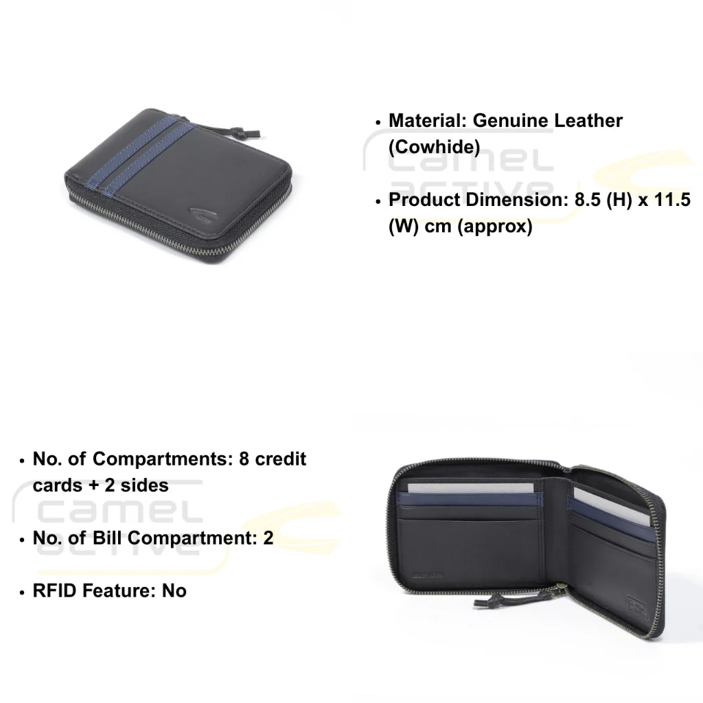 camel active Men's Genuine Cowhide Leather Zip Bi Fold Wallet 8 Card Slots Wax Finished -Black ZSW2604EL2#BLK - Image 7