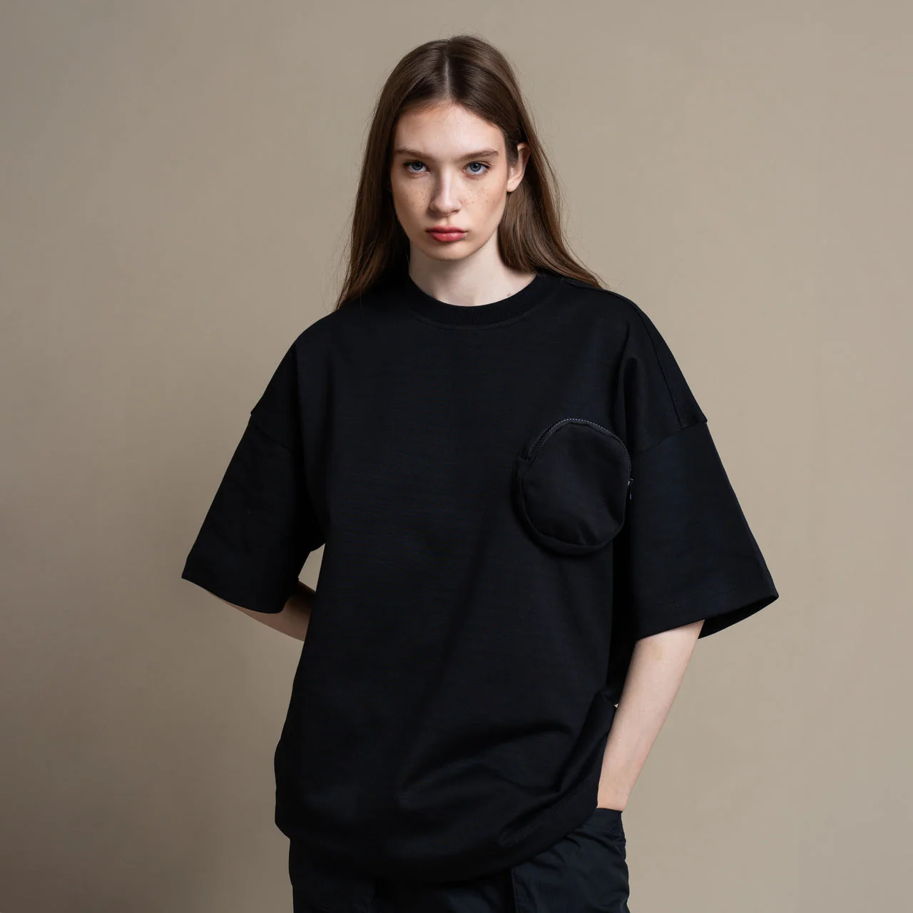 C by camel active Unisex T-Shirt - Oversized Smooth Cotton Poly 3D Pocket Black Tee 282-AW24C2846