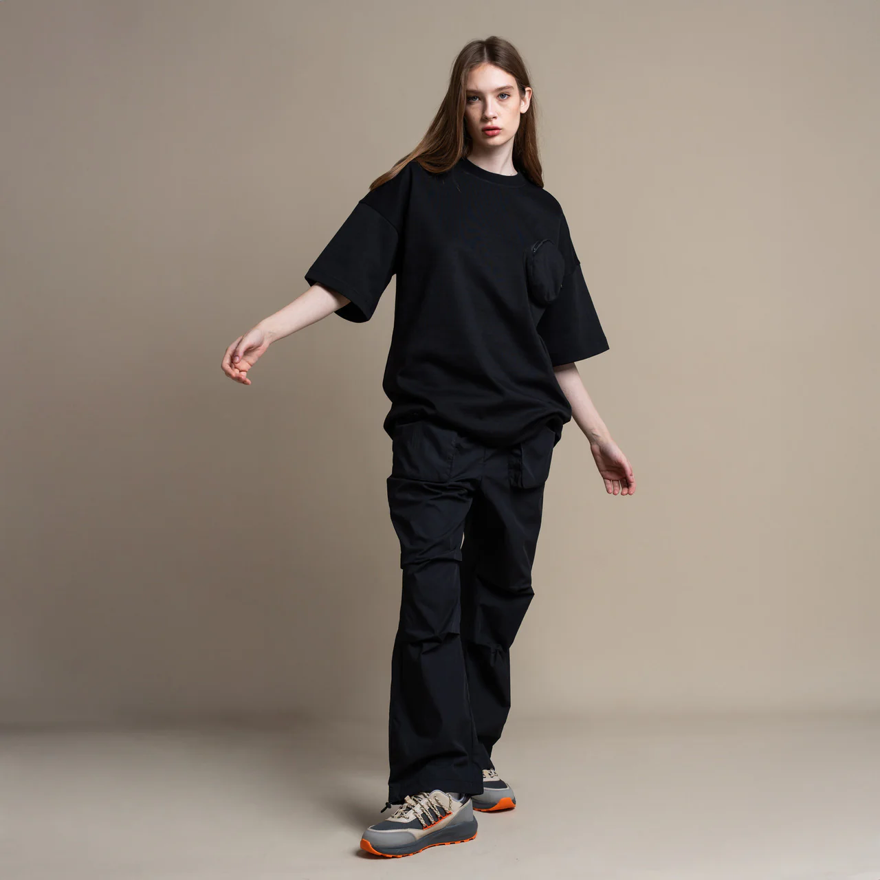 C by camel active Unisex T-Shirt - Oversized Smooth Cotton Poly 3D Pocket Black Tee 282-AW24C2846 - Image 3