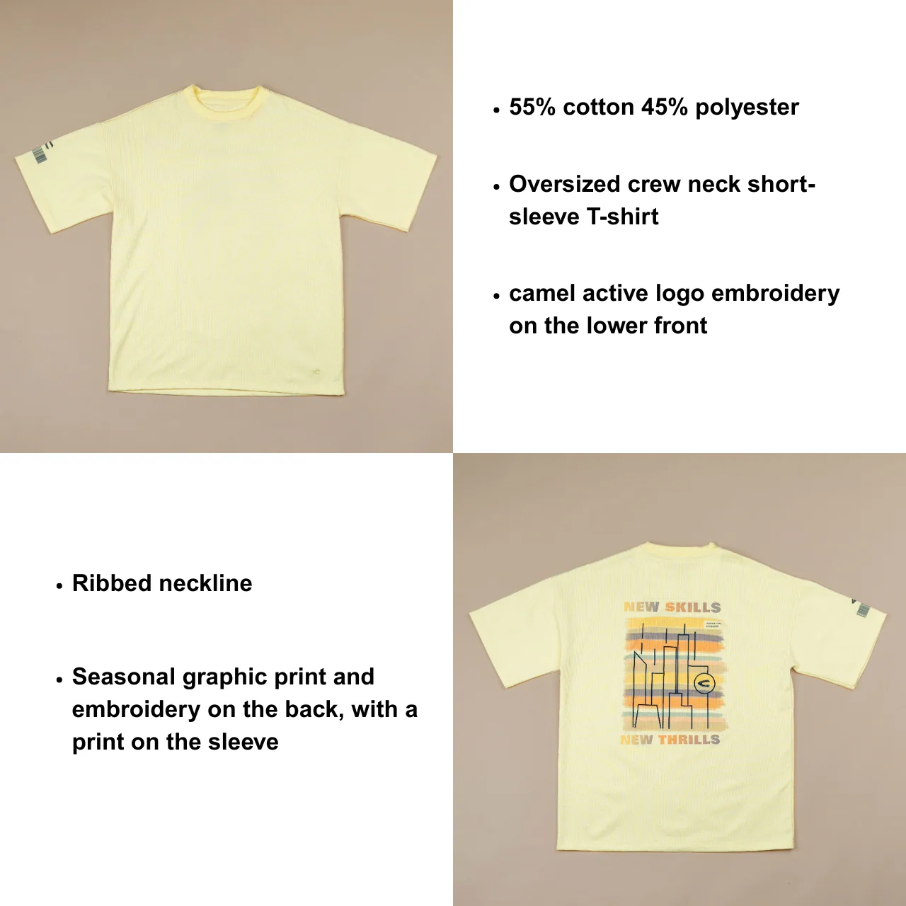 C by camel active Unisex T-shirt - Oversized Fit Premium Cotton Blend Light Yellow Tee 282-SS25C2880 - Image 9