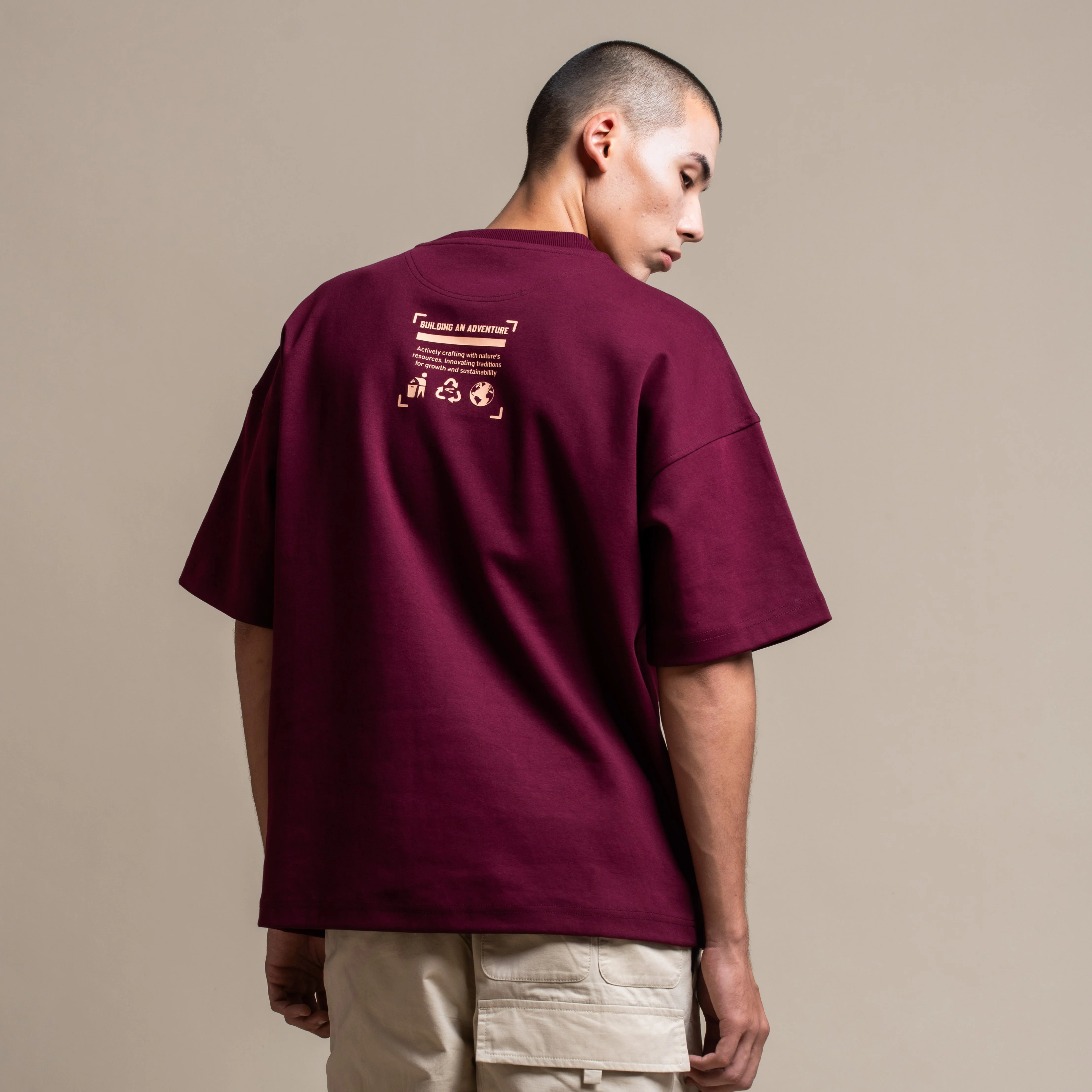 C by camel active Unisex T-Shirt - Oversized Premium Cotton Blend Maroon Tee 282-AW24C2854 - Image 2