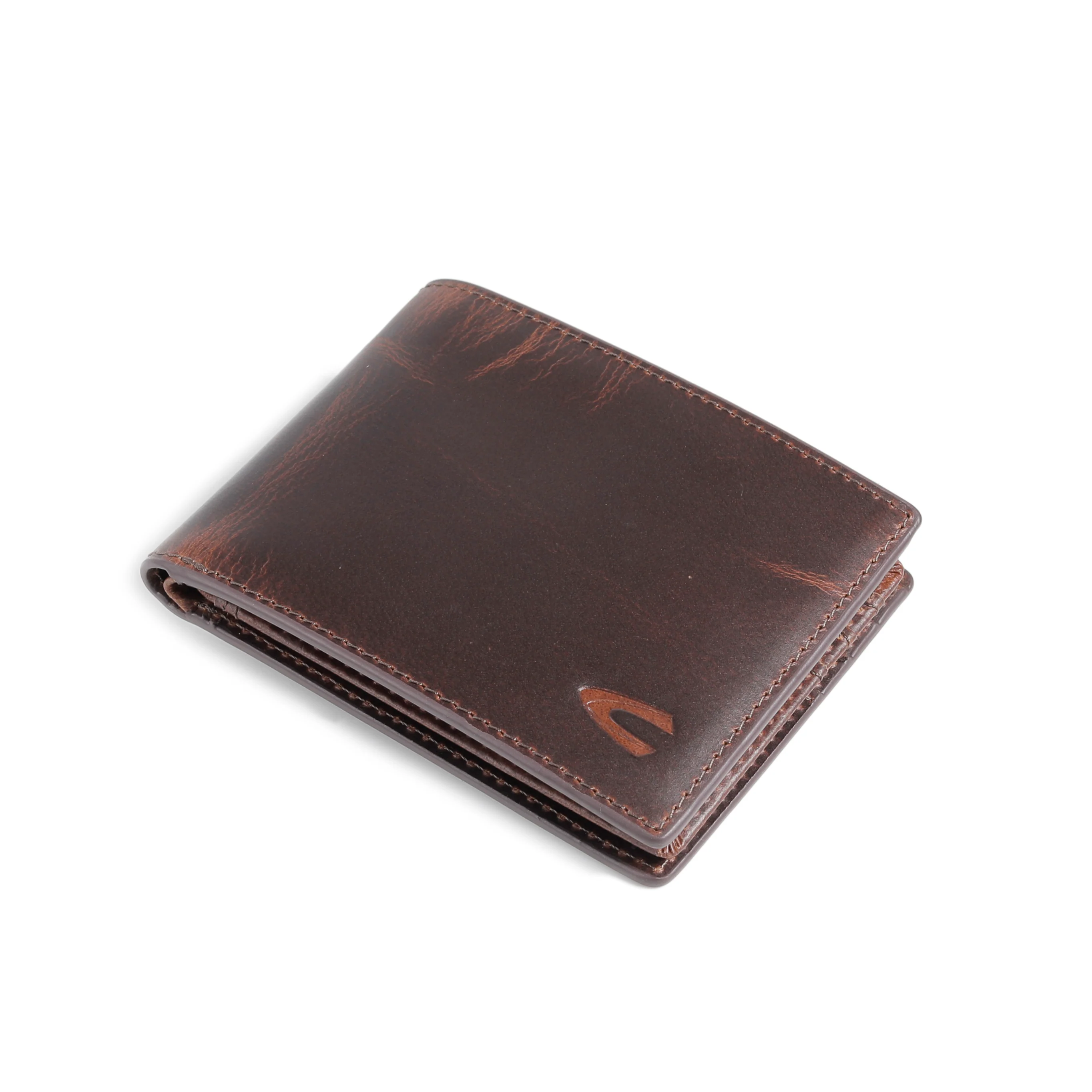 Genuine Leather Bi Fold Wallet 10 Card Compartments Waxy Pull Up Finished Dark Brown SBF4813WX4#DBN