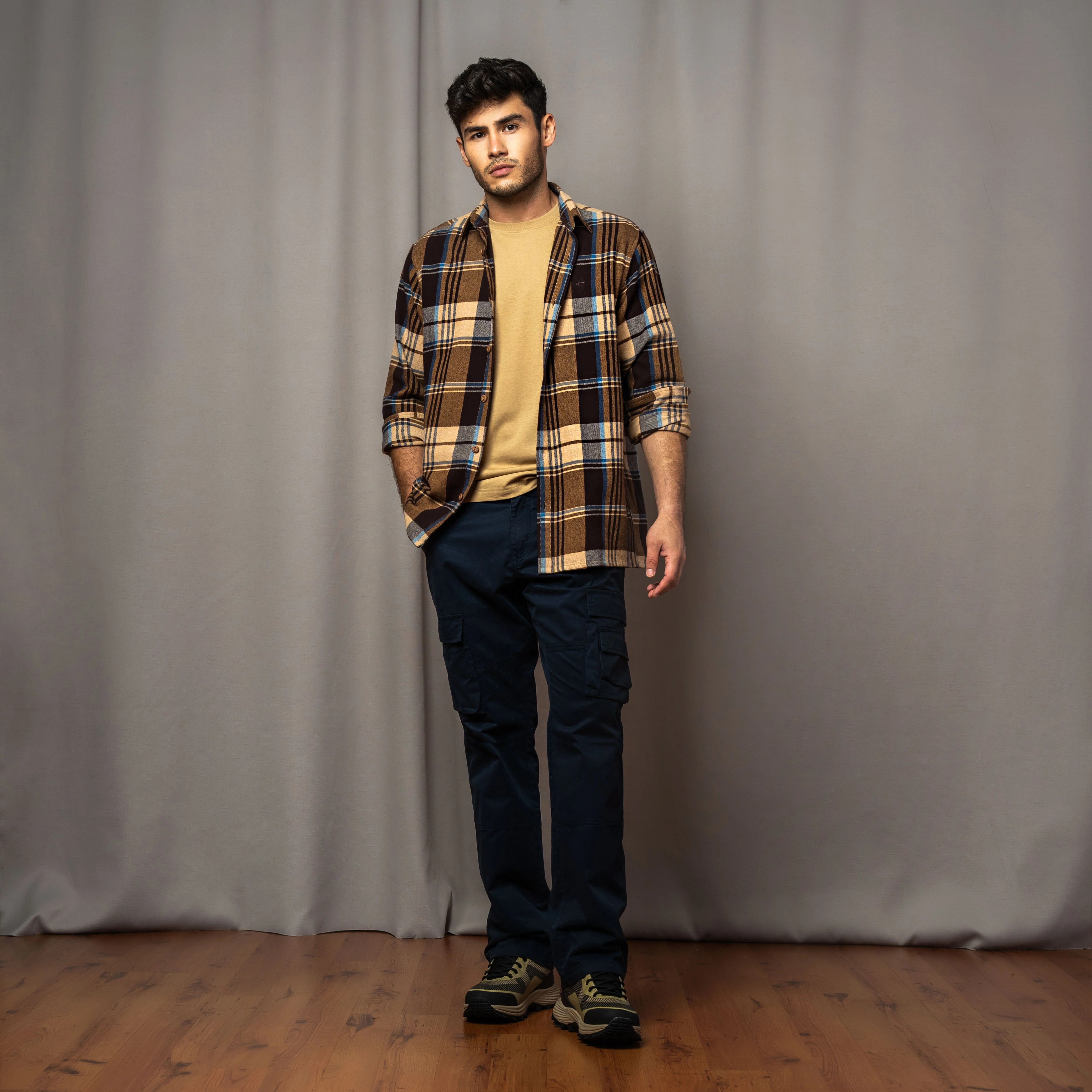 camel active Men Long Sleeve Checkered Shirt - Regular Fit Structured Cotton Twill Dark Brown Shirt 103-AW24H1838 - Image 3