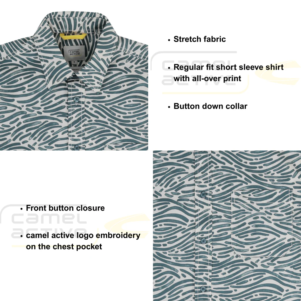 camel active Men Short Sleeve Shirt - Regular Fit Stretch Fabric Green Printed Shirt 9-102Z25PRT1872 - Image 6