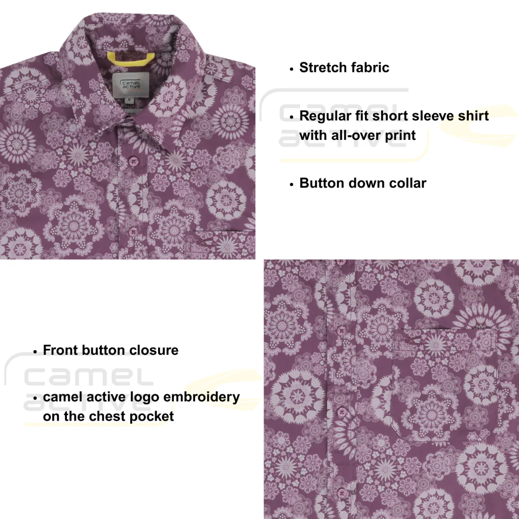 camel active Men Short Sleeve Shirt - Regular Fit Stretch Fabric Mauve Wine Printed Shirt 9-102Z25PRT1873 - Image 6