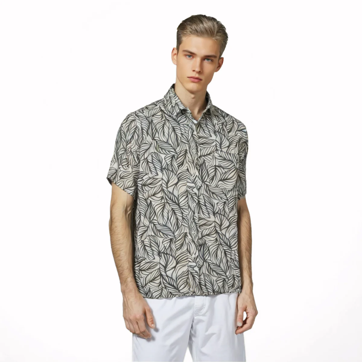 camel active Men Short Sleeve Shirt - Regular Fit Stretch Fabric Olive Printed Shirt 9-102Z25PRT1870
