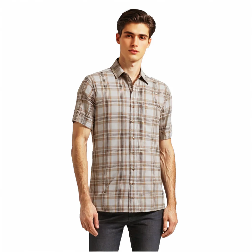 camel active Men Short Sleeve Shirt - Regular Fit Textured Cotton Herringbone Beige Shirt 9-102Z25CHK1867