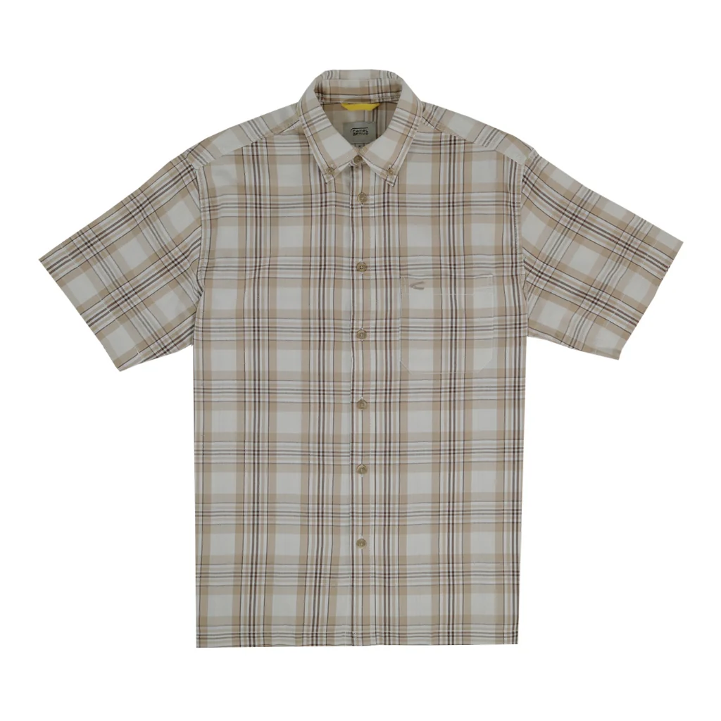 camel active Men Short Sleeve Shirt - Regular Fit Textured Cotton Herringbone Beige Shirt 9-102Z25CHK1867 - Image 2