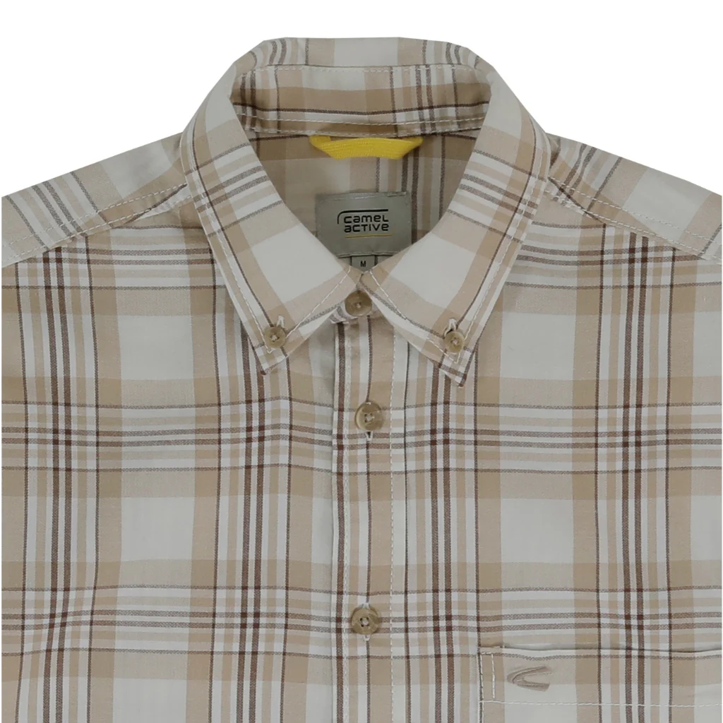 camel active Men Short Sleeve Shirt - Regular Fit Textured Cotton Herringbone Beige Shirt 9-102Z25CHK1867 - Image 3