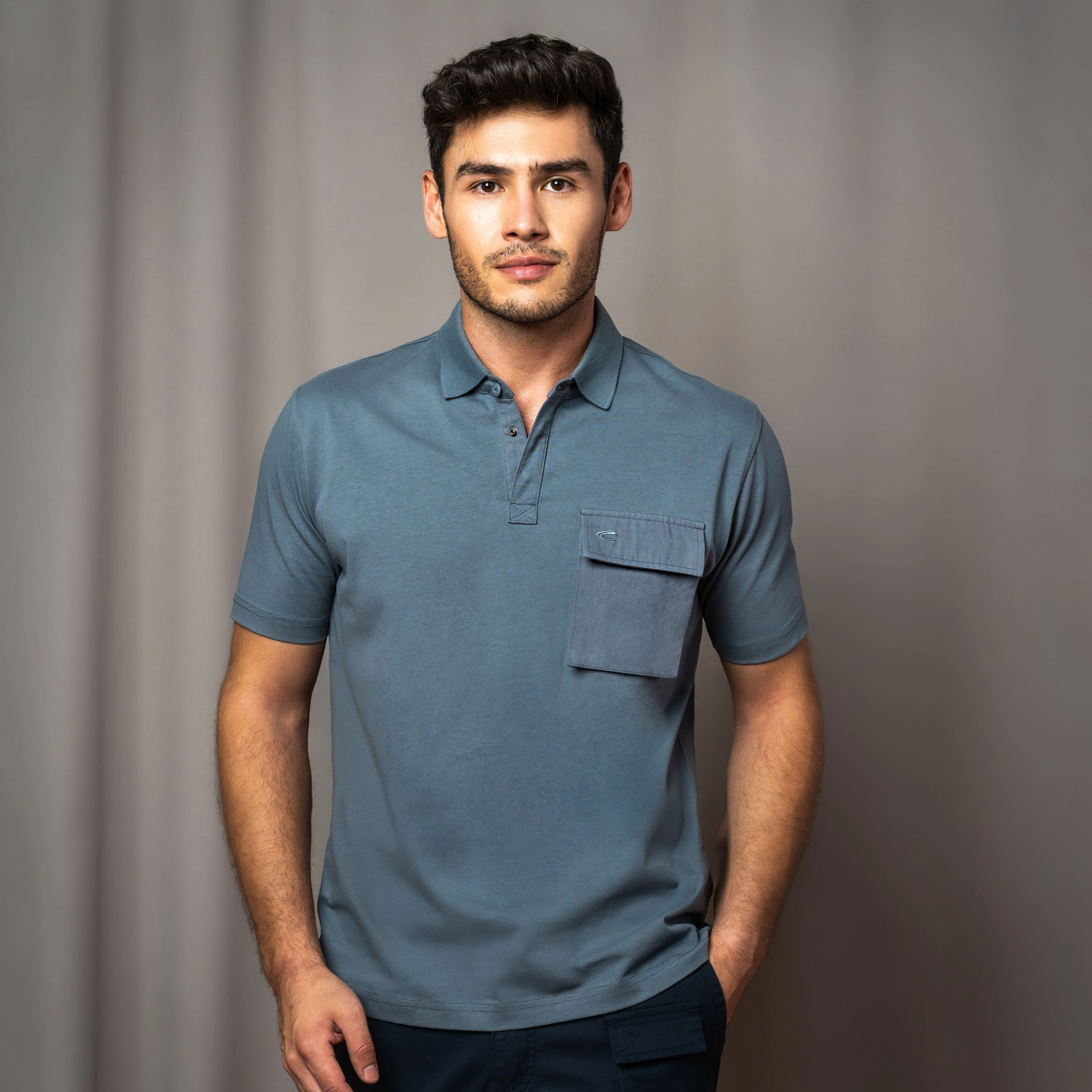 camel active Men Polo Shirt - Regular Fit Plush Cotton Terry Blue Gray Polo-T 280-AW24H1145