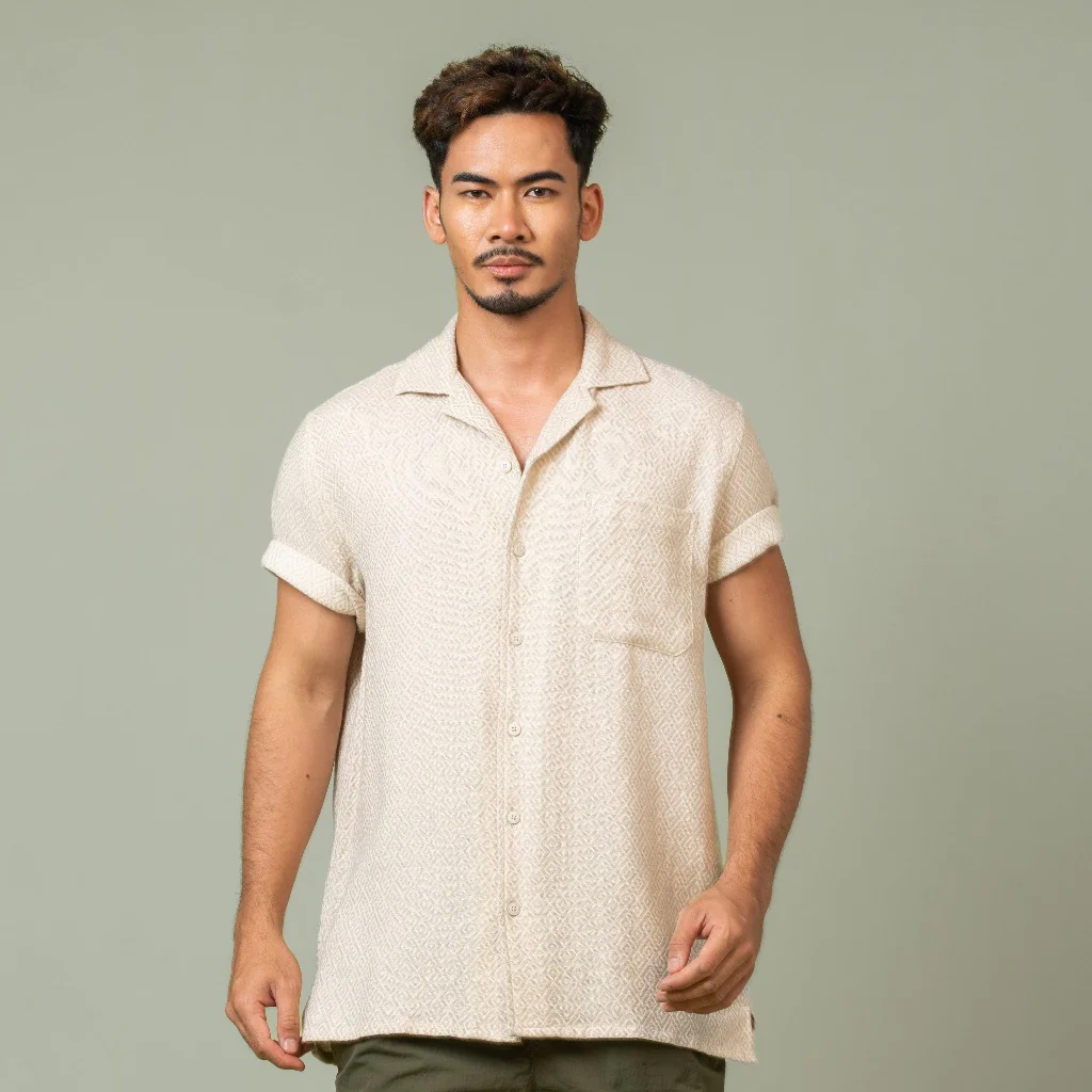 camel active Men Short Sleeve Shirt - Regular Fit Ornate Cotton Jacquard Cream Shirt 102-SS25H1861 - Image 3