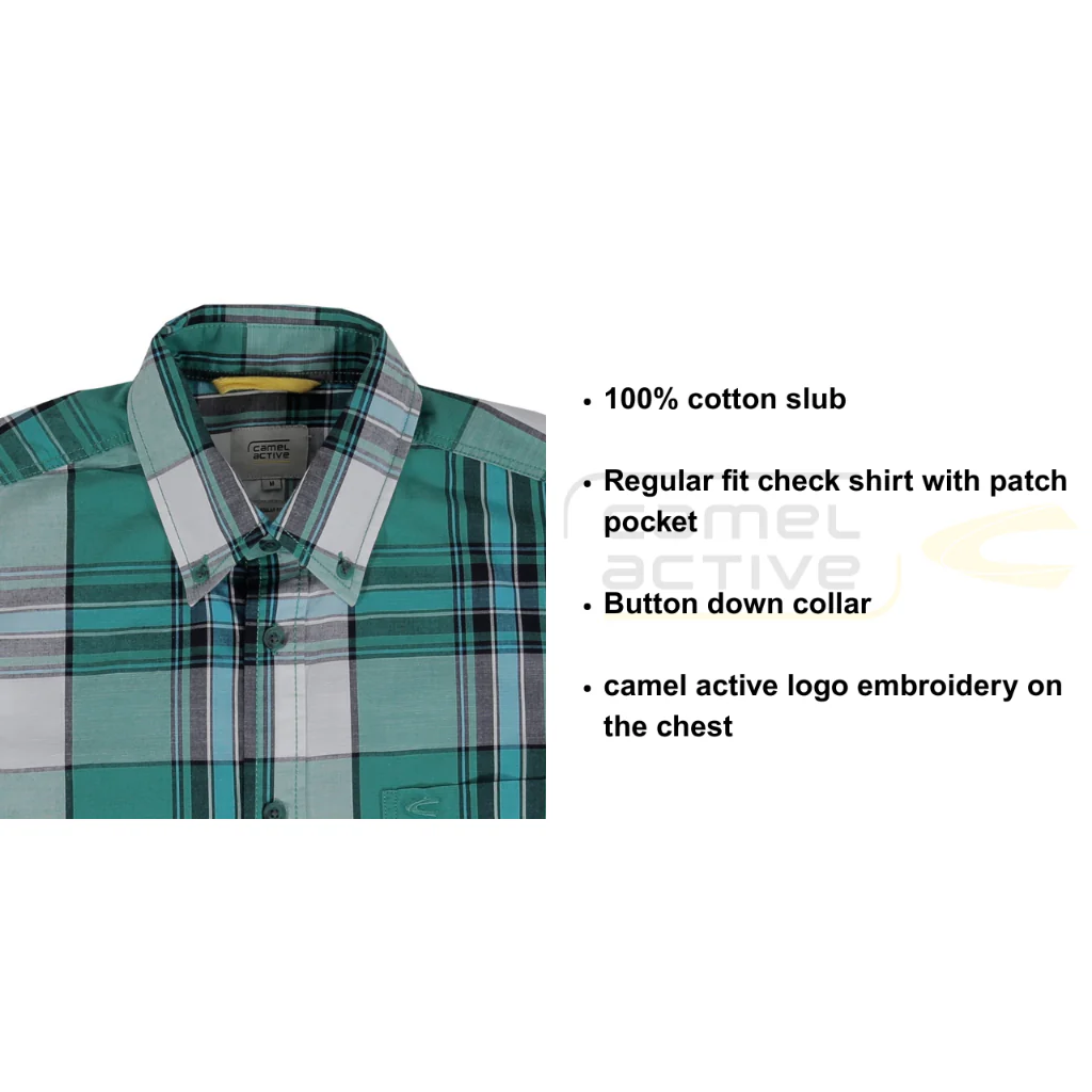 camel active Men Checkered Shirt - Regular Fit Lightweight Cotton Slub Emerald Green Shirt 9-102SS24CHK1796 - Image 4
