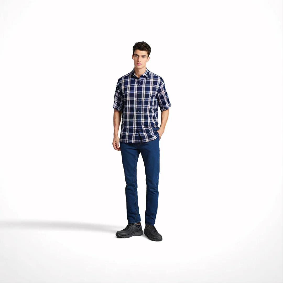 camel active Men Checkered Shirt - Regular Fit Structure Cotton Twill Navy Blue Shirt 9-102SS25CHK1851