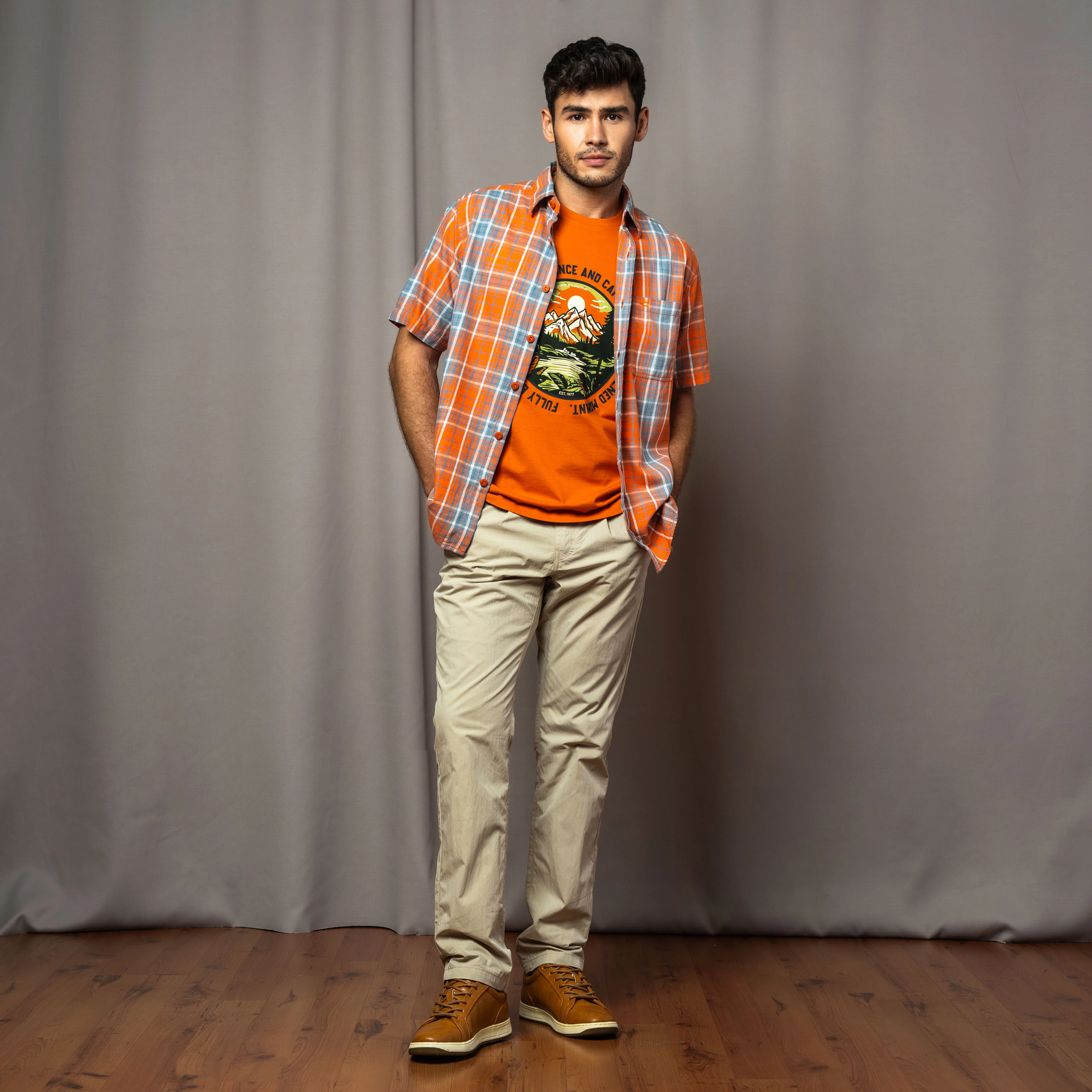 camel active Men Checkered Shirt - Regular Fit Comfortable Cotton Slub Twill Orange Shirt 102-AW24H1839 - Image 2