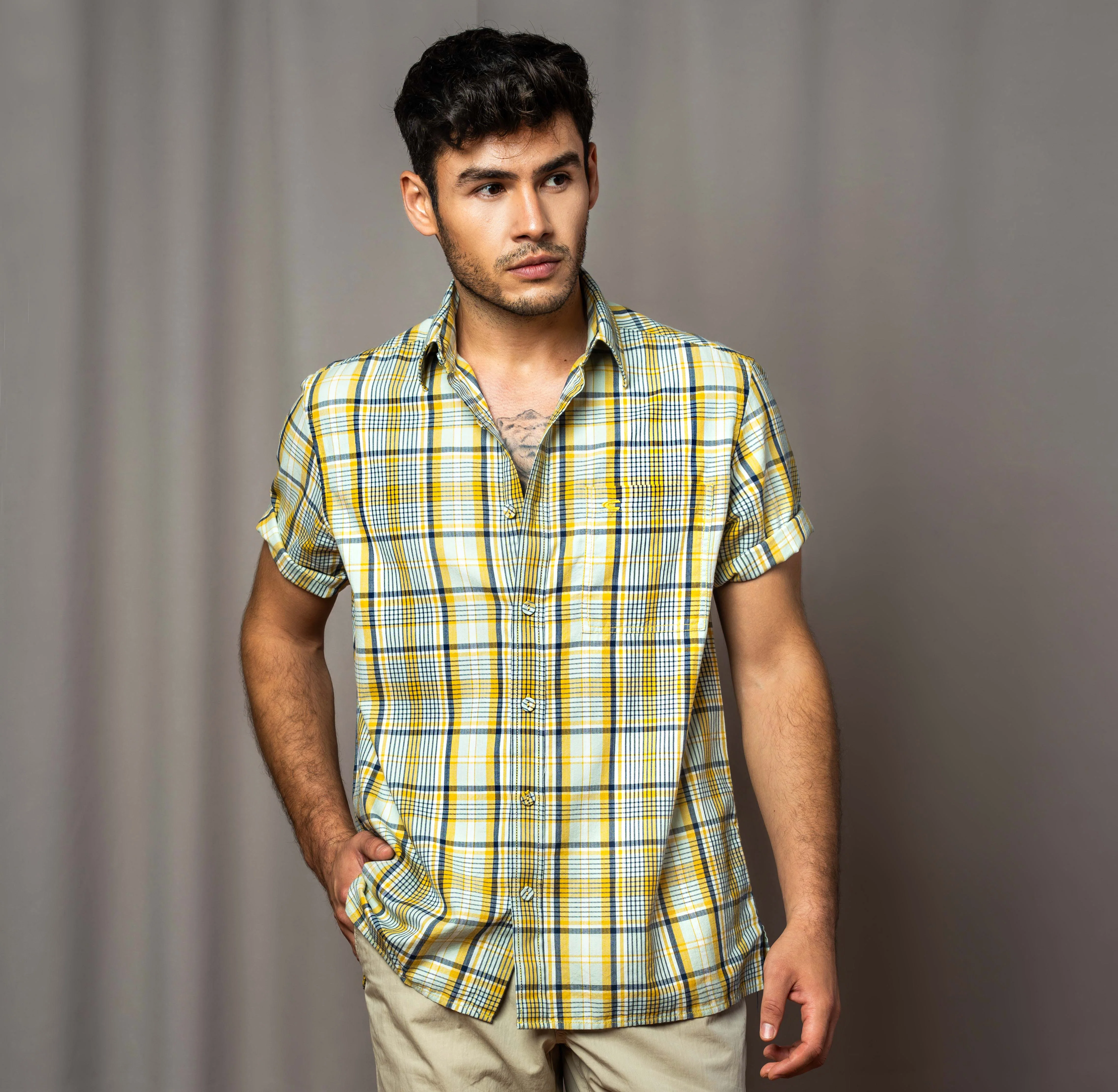 camel active Men Checkered Shirt - Regular Fit Luxurious Cotton Herringbone Yellow Shirt102-AW24H1836