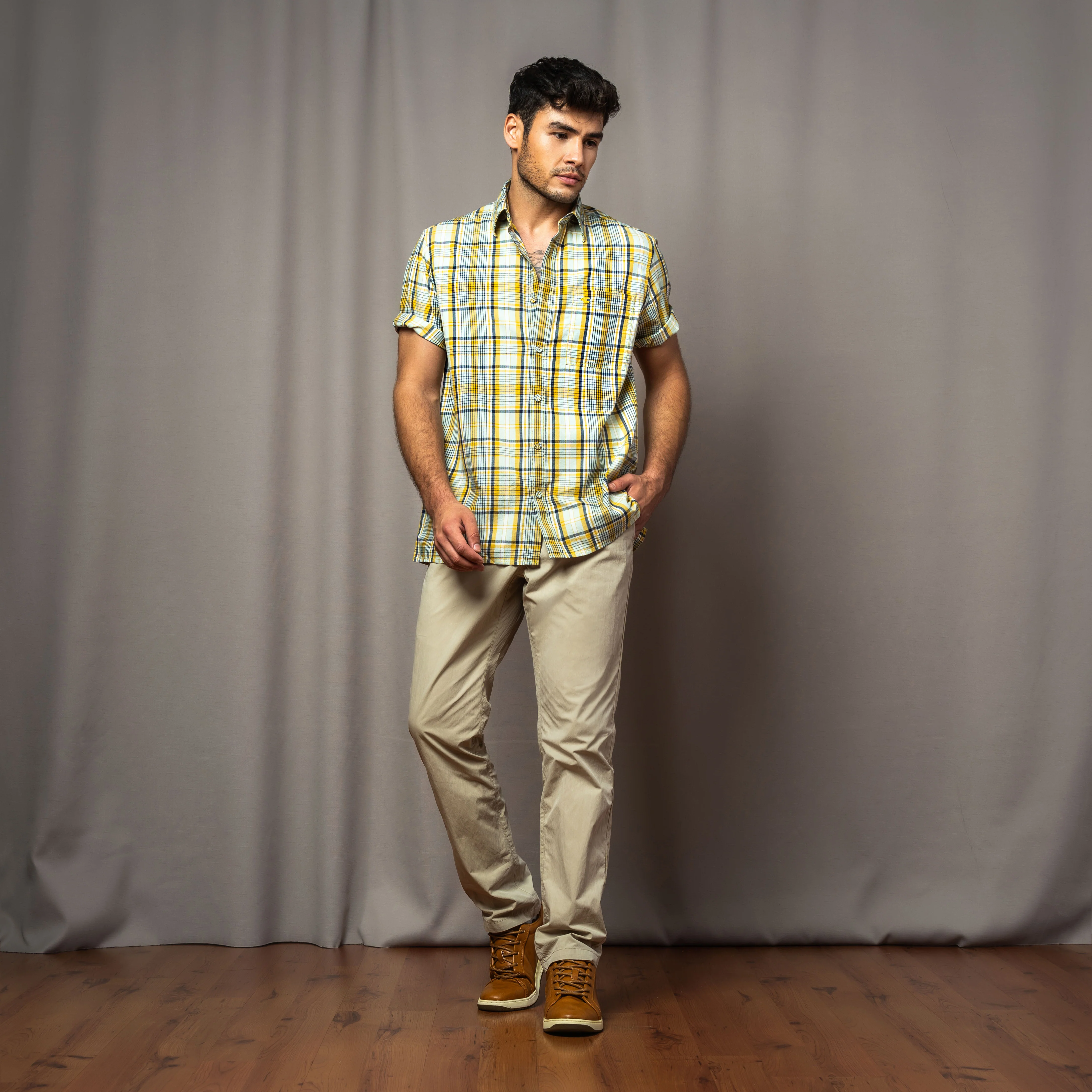 camel active Men Checkered Shirt - Regular Fit Luxurious Cotton Herringbone Yellow Shirt102-AW24H1836 - Image 2