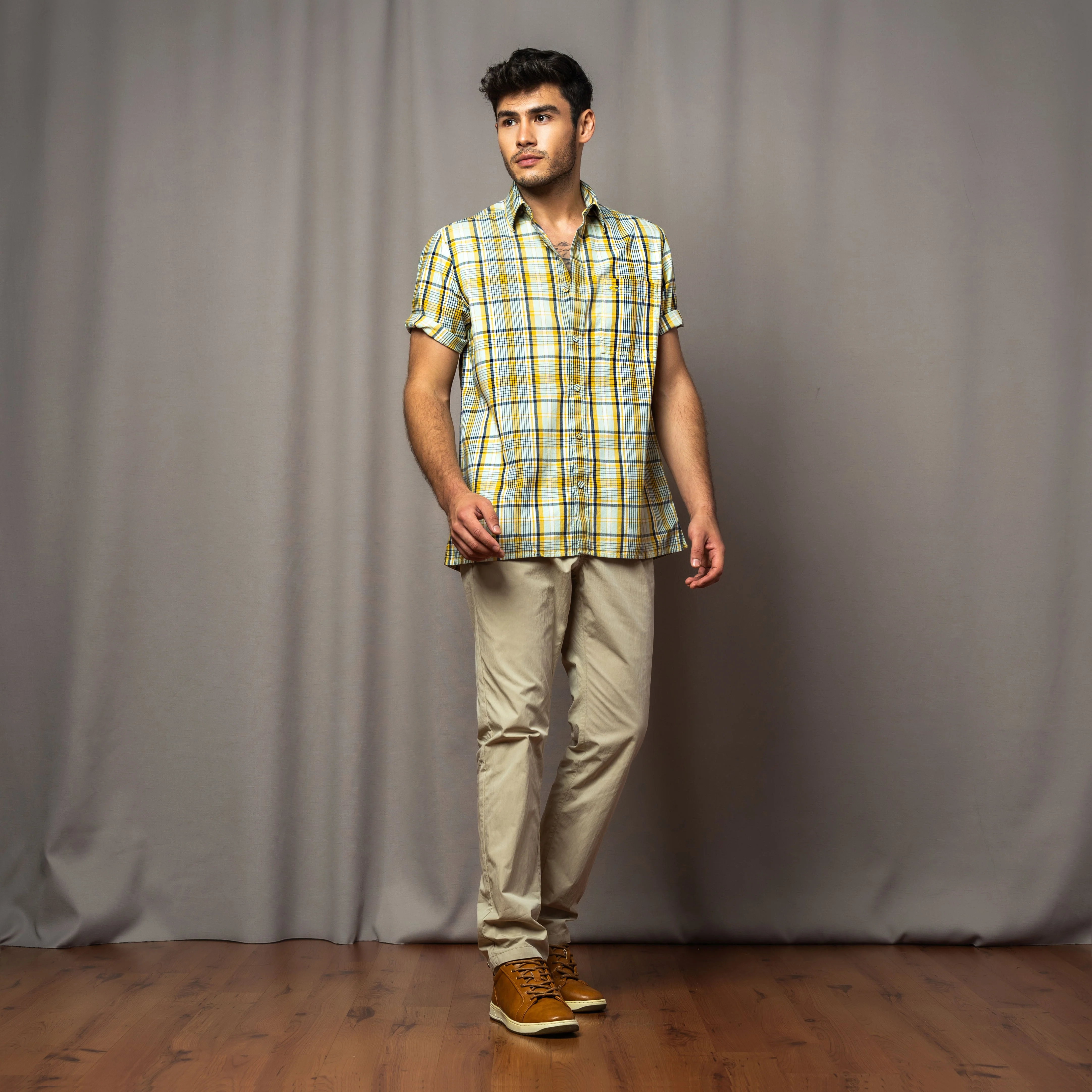 camel active Men Checkered Shirt - Regular Fit Luxurious Cotton Herringbone Yellow Shirt102-AW24H1836 - Image 3