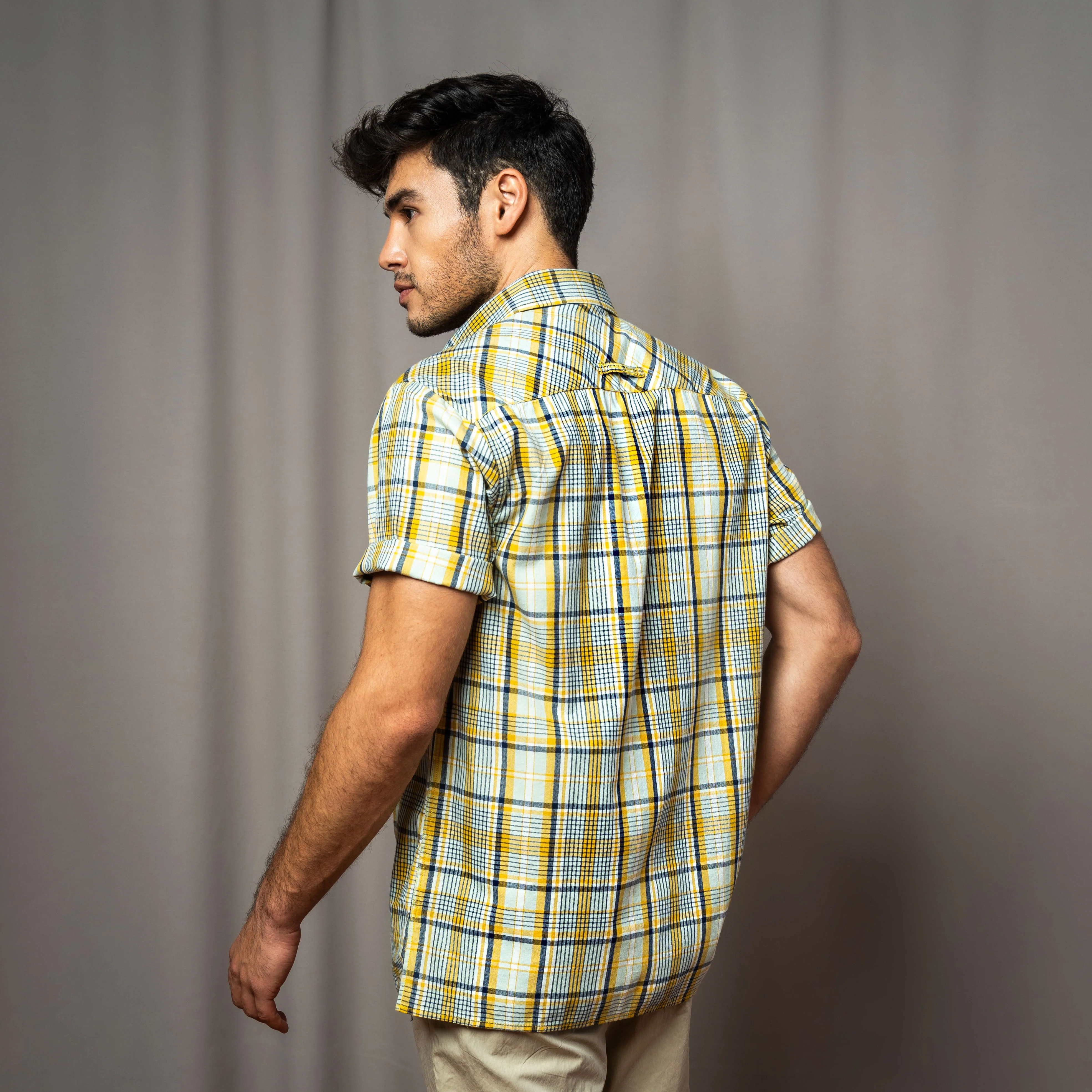 camel active Men Checkered Shirt - Regular Fit Luxurious Cotton Herringbone Yellow Shirt102-AW24H1836 - Image 4