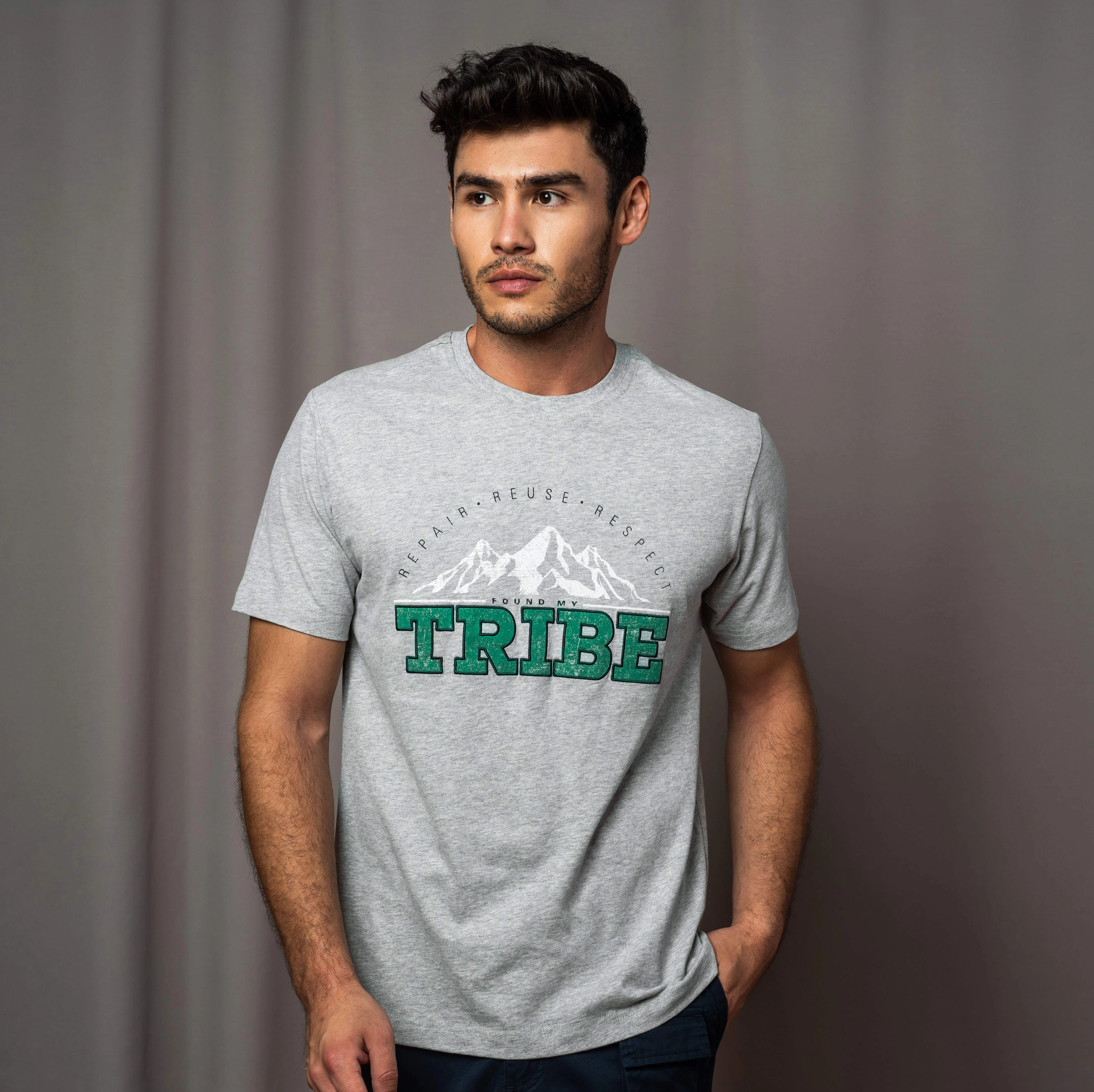 camel active Men T-Shirt - Regular Fit 100% Soft Cotton Graphic Print Grey Tee 282-AW24H2868