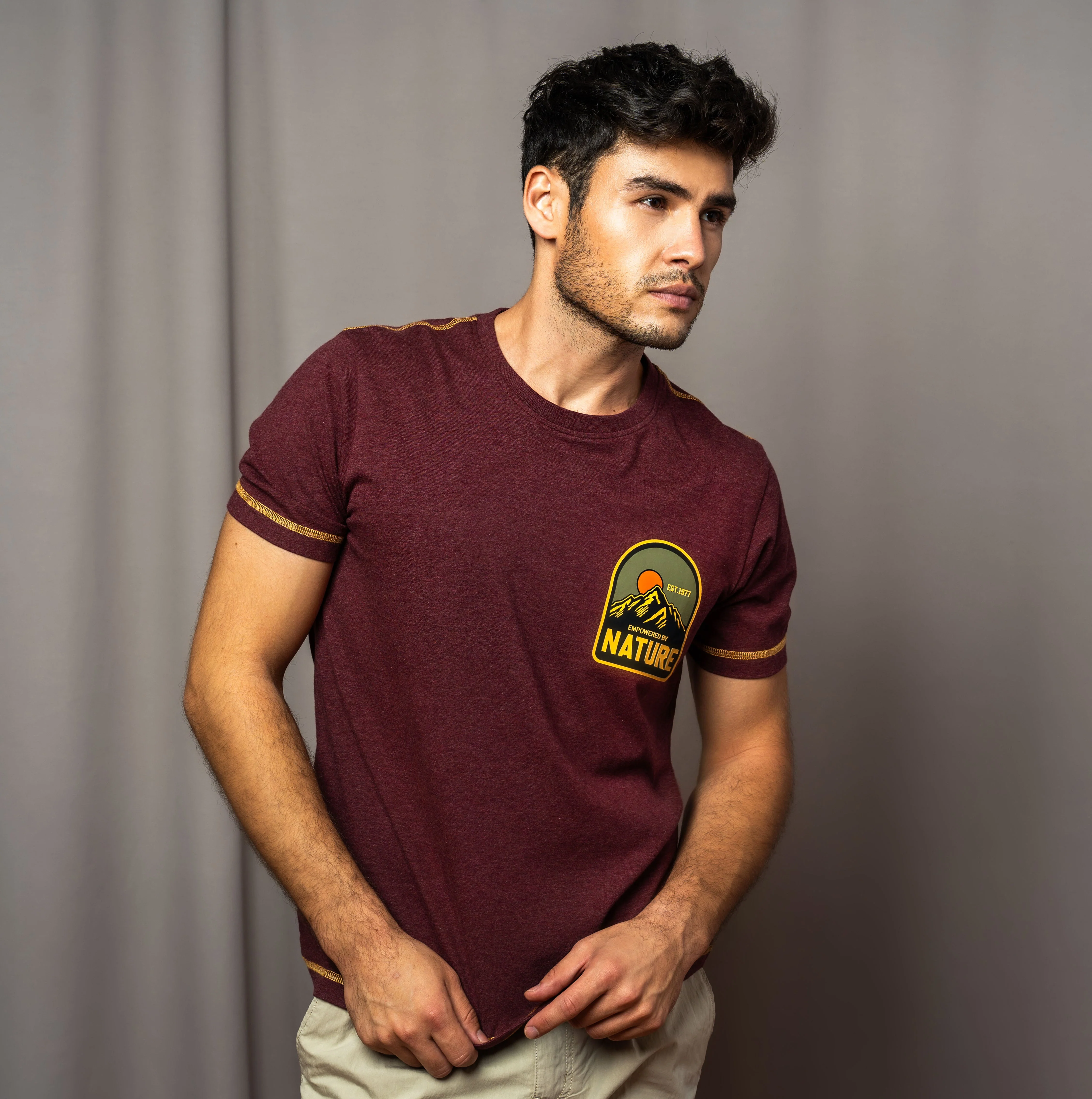 camel active Men T-Shirt - Regular Fit 100% Soft Cotton Graphic Print Maroon Tee 282-AW24H2864