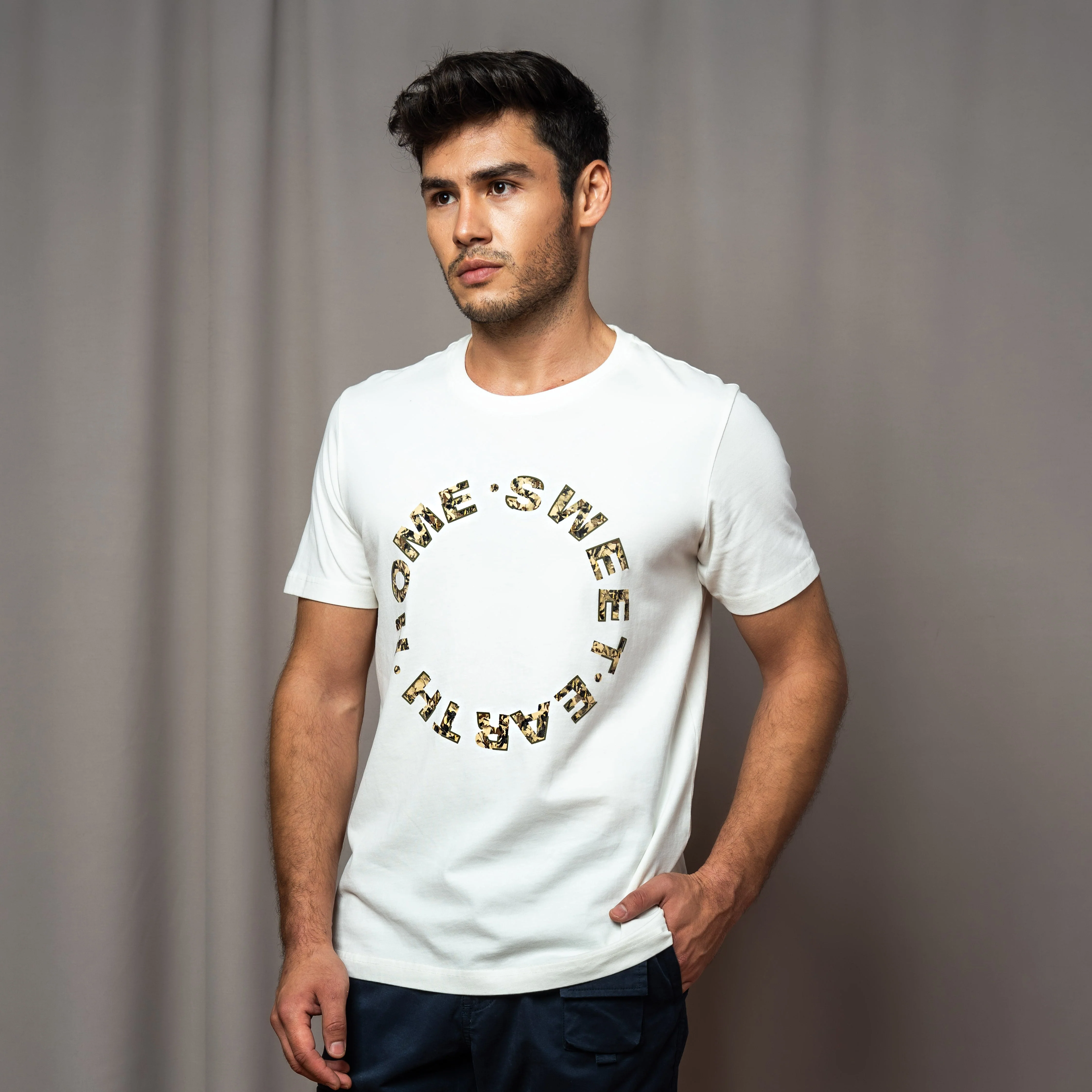 camel active Men T-Shirt - Regular Fit 100% Soft Cotton Graphic Print Off White Tee 282-AW24H2858
