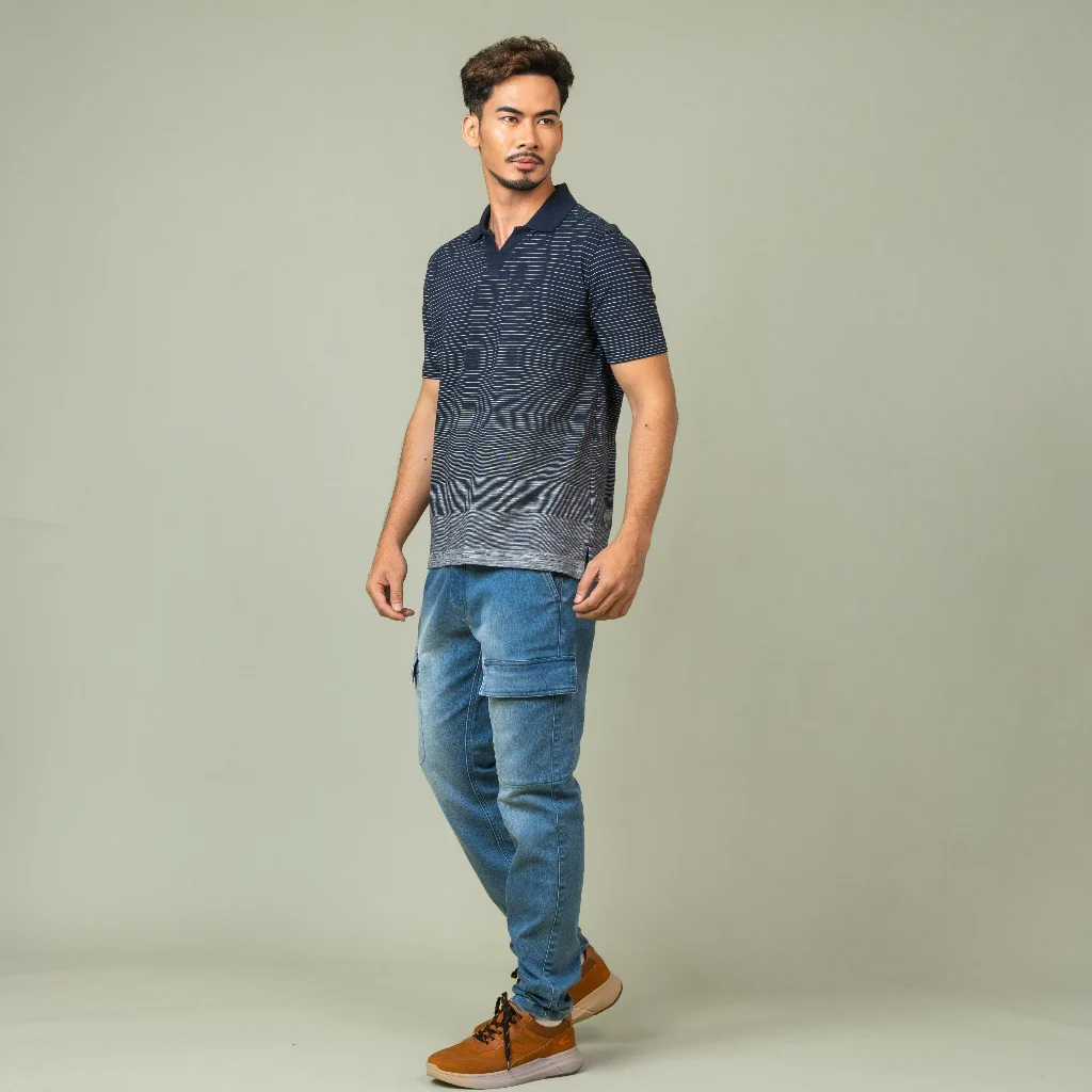 camel active Men V-Neck Polo Shirt - Regular Fit Comfortable Cotton Slub Navy Blue Polo-T 280-SS25H1166 - Image 5