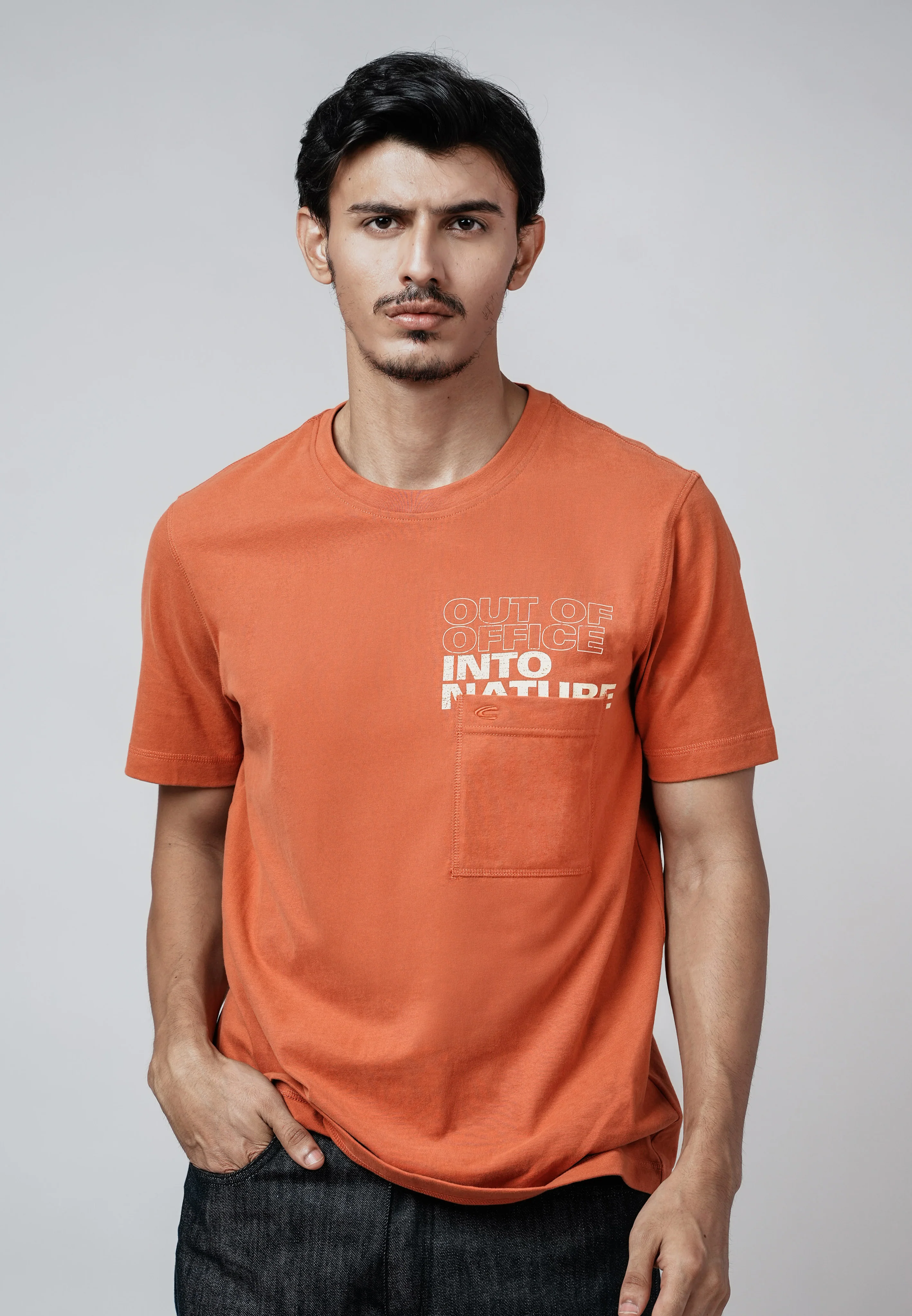 camel active Men T-Shirt - Regular Fit 100% Soft Cotton Burnt Orange Round Neck Tee 282-Z25H2913