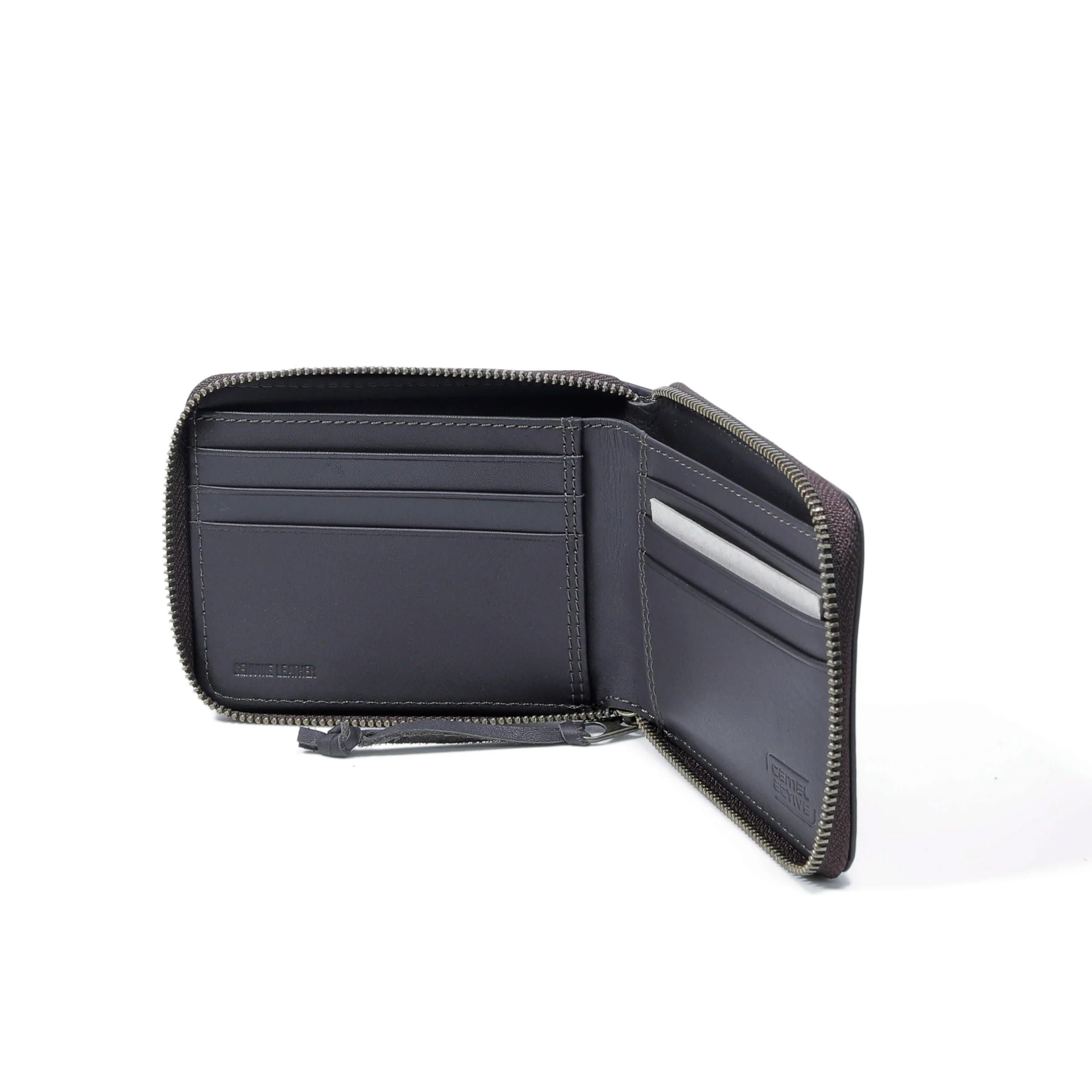Zip Genuine Leather Bi Fold Wallet 6 Card Compartments Stamped Finished Dark Brown - Image 3