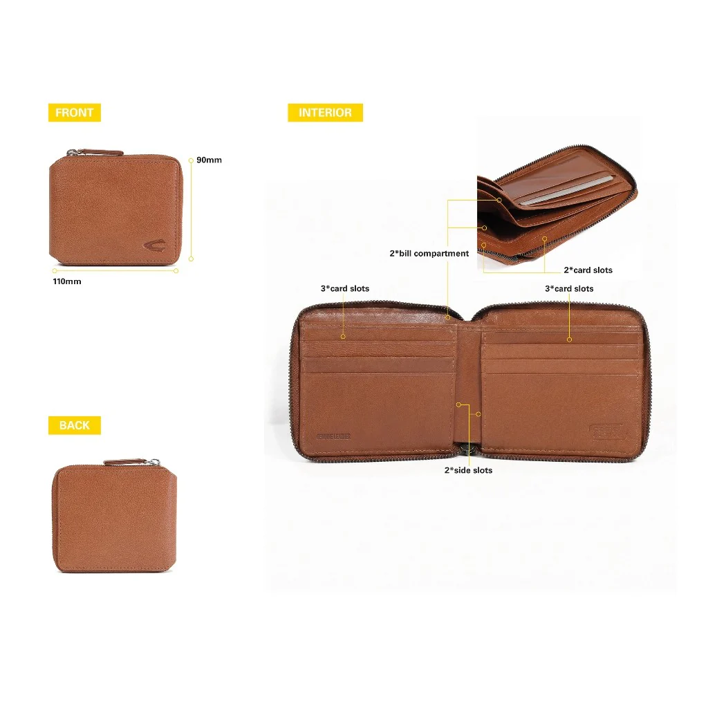camel active Men Zip Bi Fold Wallet Leather Semi-Aniline 8 Card Compartments Brown (ZSW5B14GB6#BRN) - Image 7