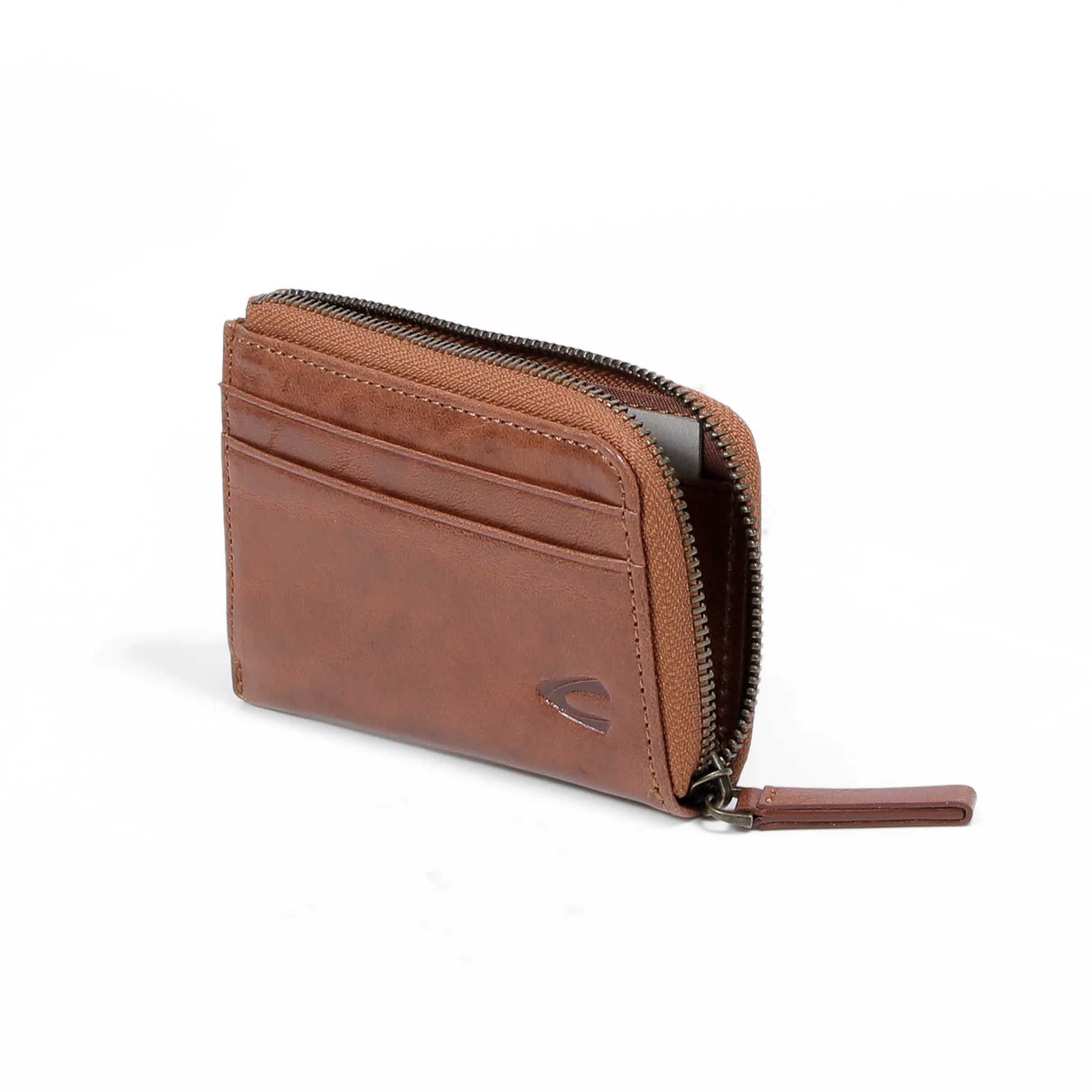 Zip Genuine Leather Card Pouch 6 Card Compartment Grainy Finished Brown - Image 3