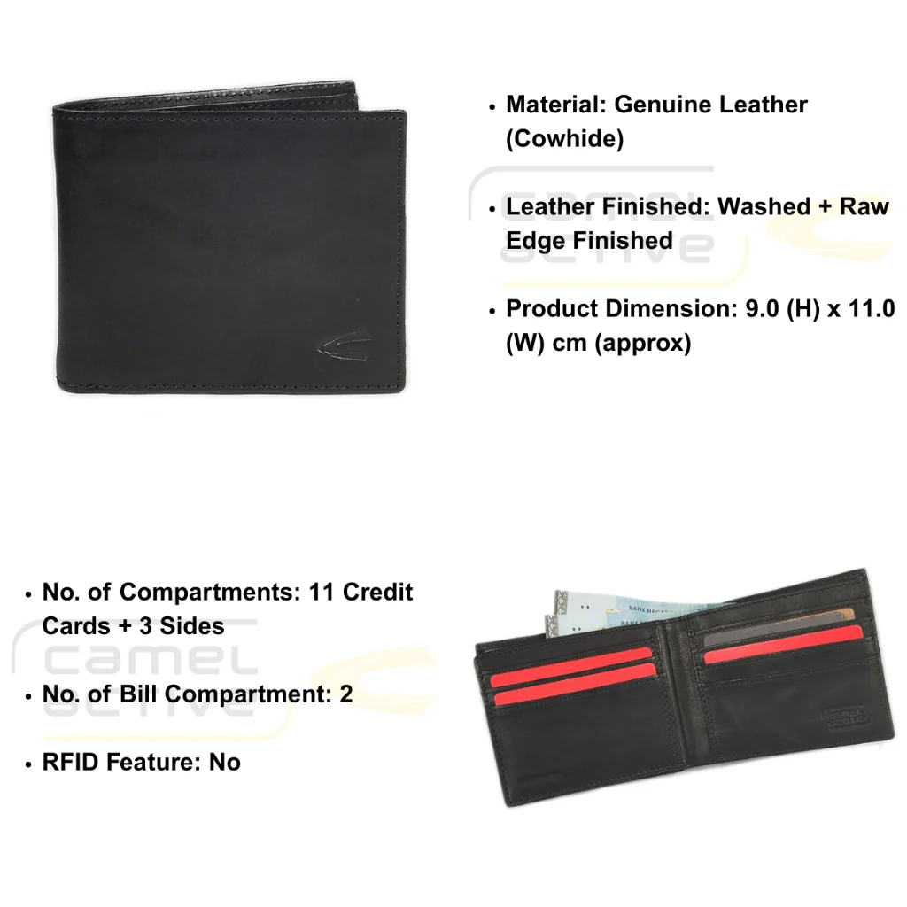 camel active Men's Genuine Cowhide Leather Bi Fold Wallet 11 Card Slots Raw Edge Finished - Black SBF0605GO0#BLK - Image 6