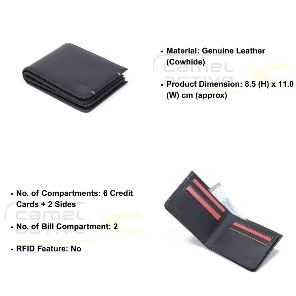 camel active Men's Genuine Cowhide Leather Bi Fold Wallet 6 Card Slots Wax Finished - Black ESW0807EC2#BLK - Image 8