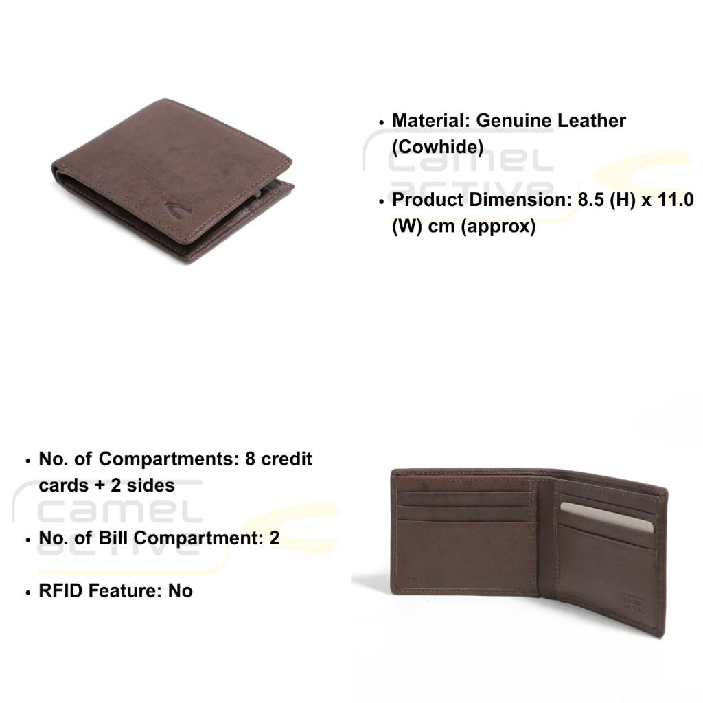 camel active Men's Genuine Cowhide Leather Bi Fold Wallet 8 Card Slots - Dark Brown SW3620SG3#DBN - Image 8