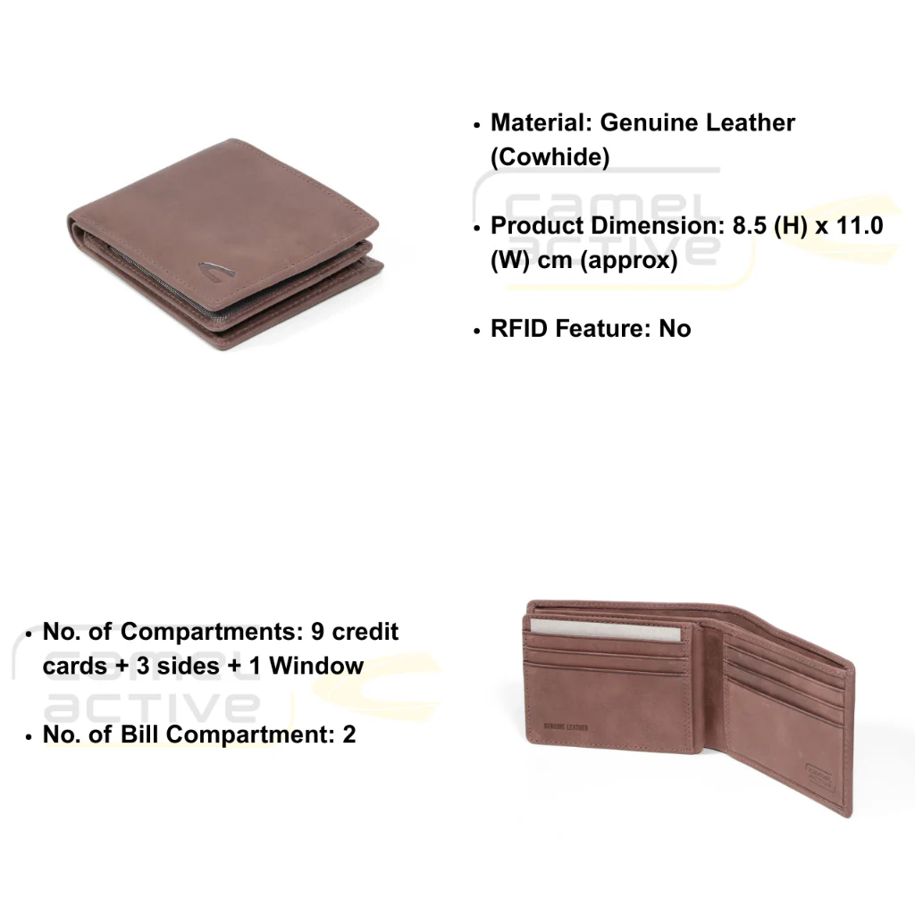 camel active Men's Genuine Cowhide Leather Bi Fold Wallet 9 Card Slots Brushed Finished -Brown SBF3B31SB3#BRN - Image 8