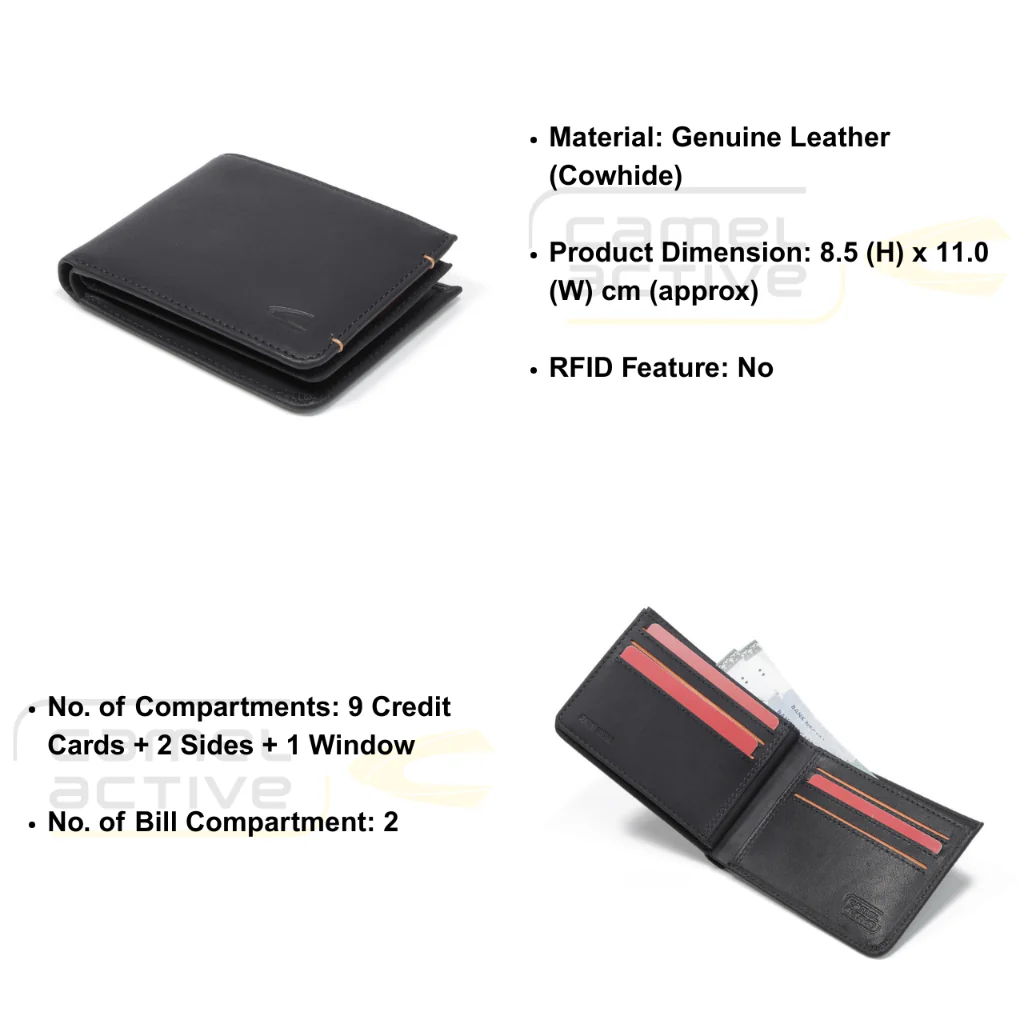 camel active Men's Genuine Cowhide Leather Bi Fold Wallet 9 Card Slots Wax Finished - Black SBF0809EC2#BLK - Image 9