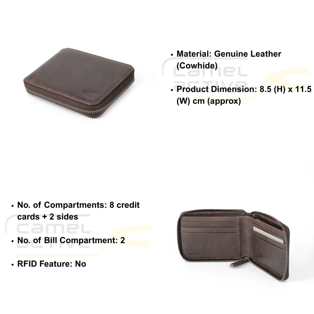 camel active Men's Genuine Cowhide Leather Zip Bi Fold Wallet 8 Card Slots - Dark Brown ZSW3619SO3#DBN - Image 8