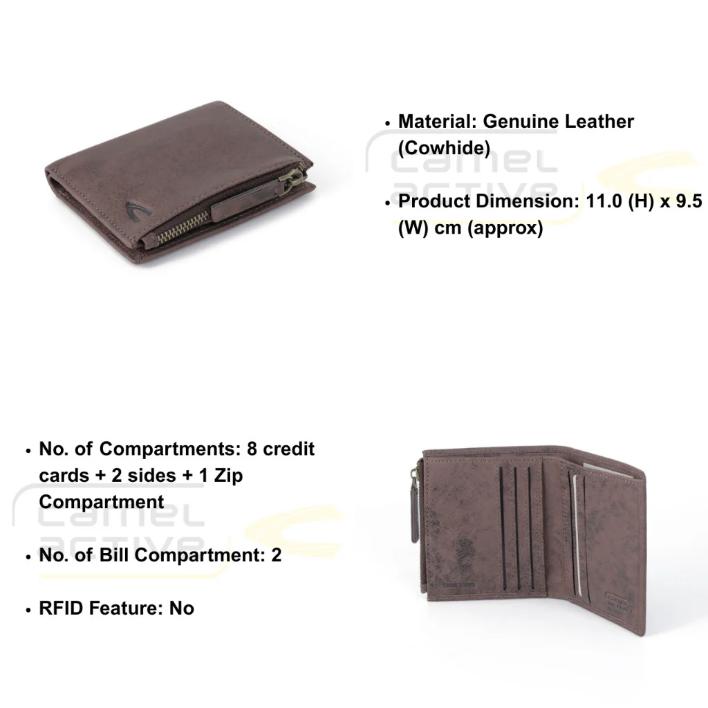 camel active Men's Genuine Cowhide Leather Zip Bi Fold Wallet 8 Card Slots - Dark Brown ZVCW3610SG3#DBN - Image 7