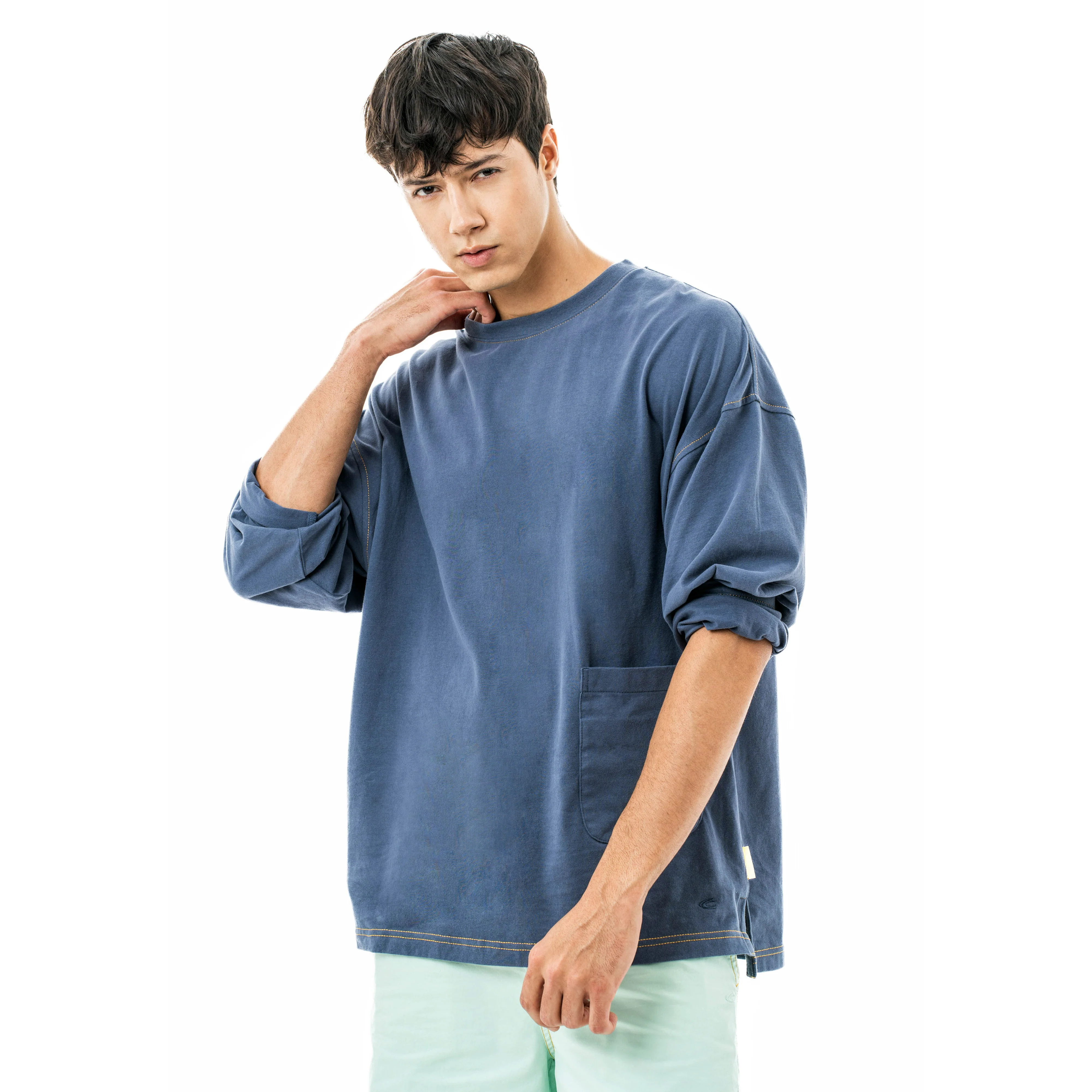 C by camel active Unisex Long Sleeve T-Shirt - Oversized Comfy Cotton Blue Gray Tee 290-SS23CF201