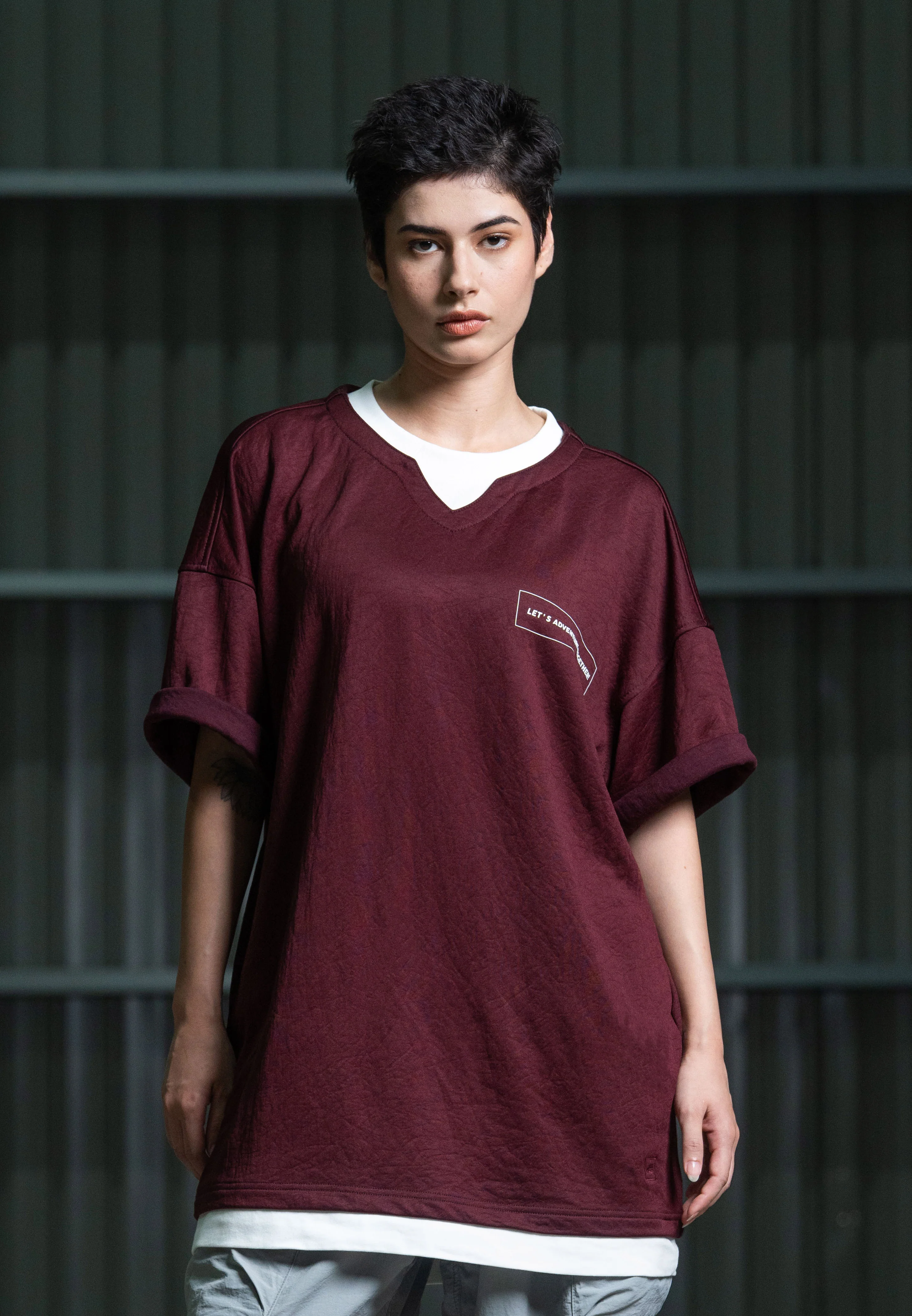 C by camel active Unisex T-Shirt - Oversized Nylon-Viscose Blend Maroon Layered Tee 282-Z25C2902