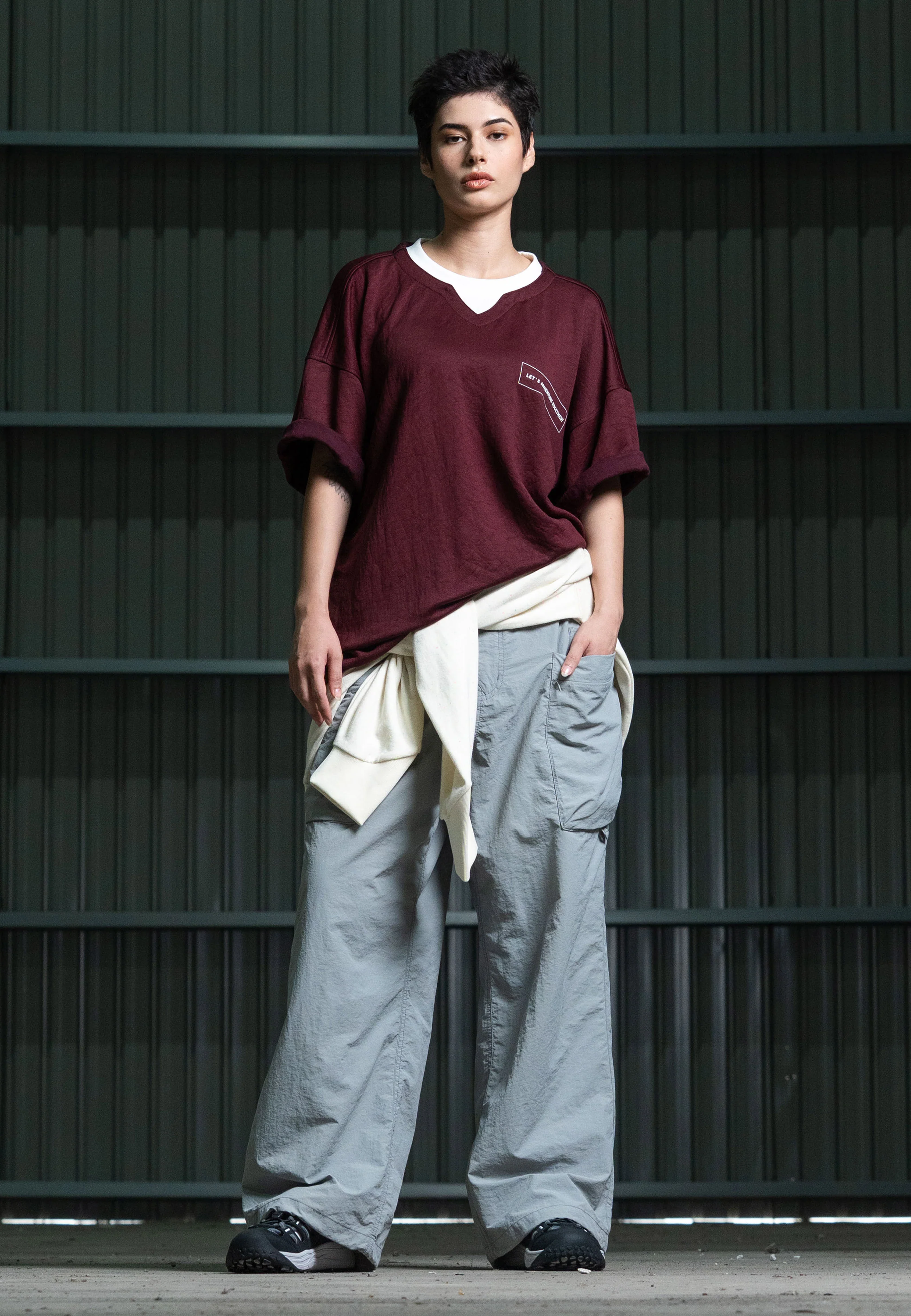 C by camel active Unisex T-Shirt - Oversized Nylon-Viscose Blend Maroon Layered Tee 282-Z25C2902 - Image 2