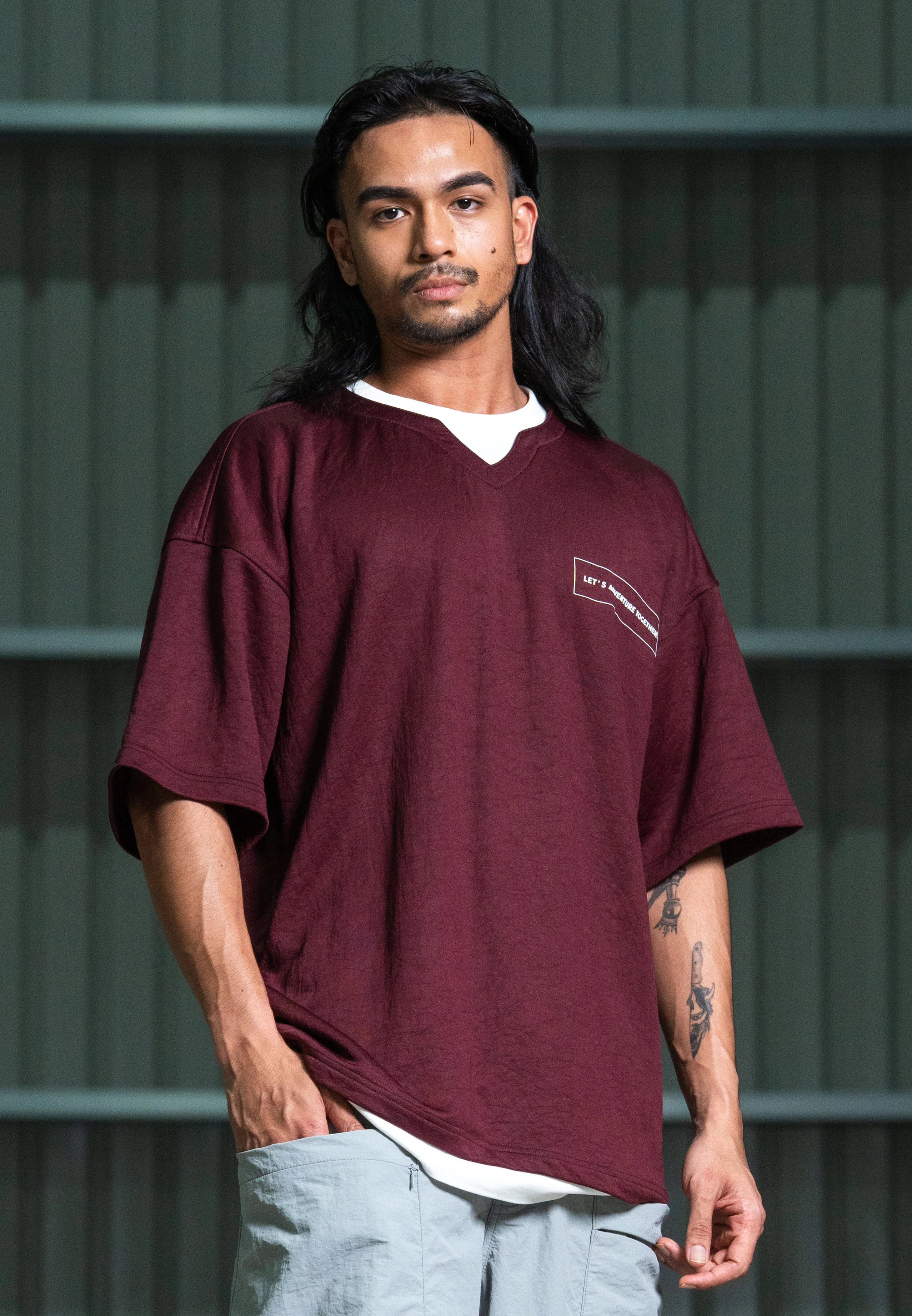 C by camel active Unisex T-Shirt - Oversized Nylon-Viscose Blend Maroon Layered Tee 282-Z25C2902 - Image 4