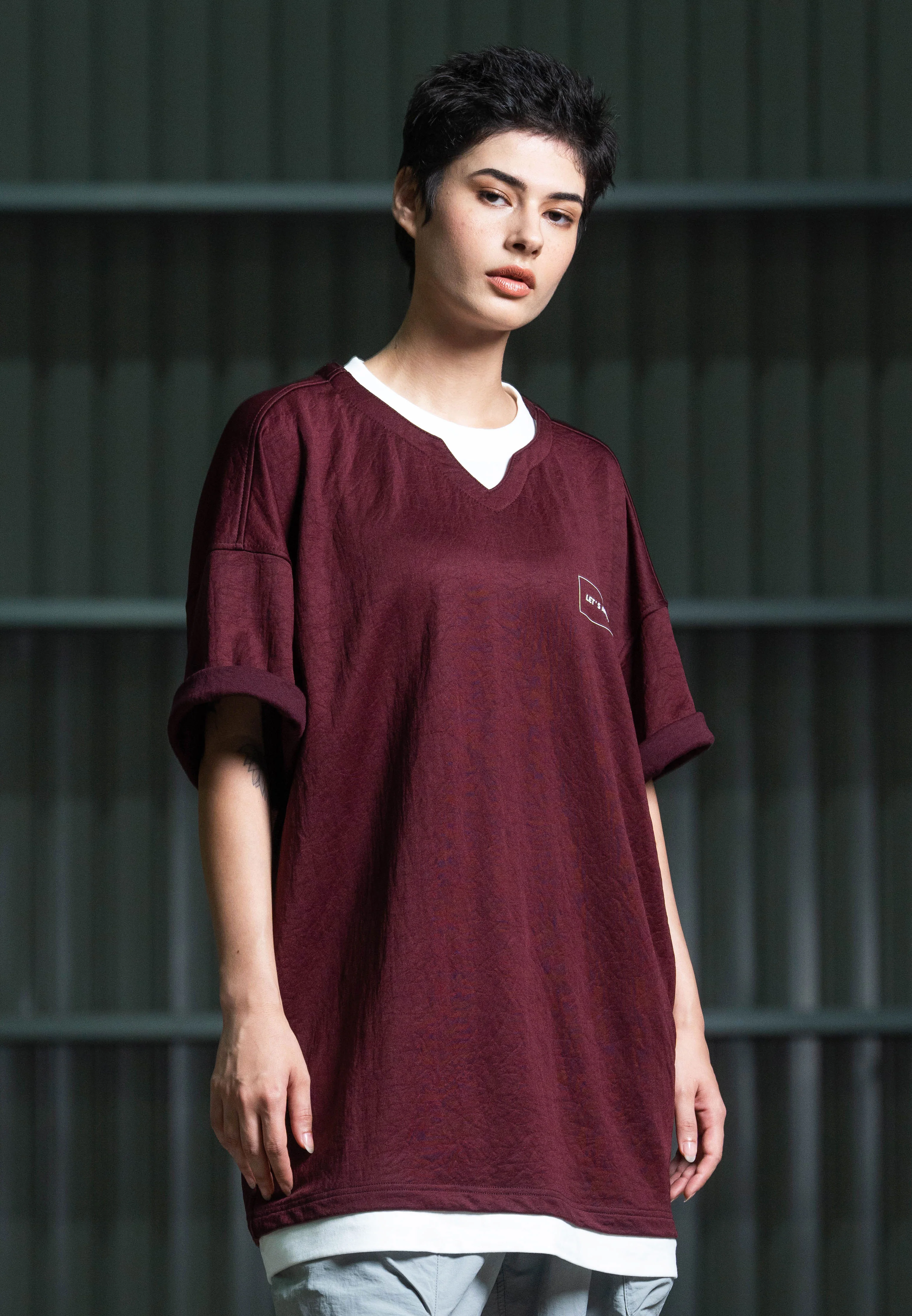 C by camel active Unisex T-Shirt - Oversized Nylon-Viscose Blend Maroon Layered Tee 282-Z25C2902 - Image 6