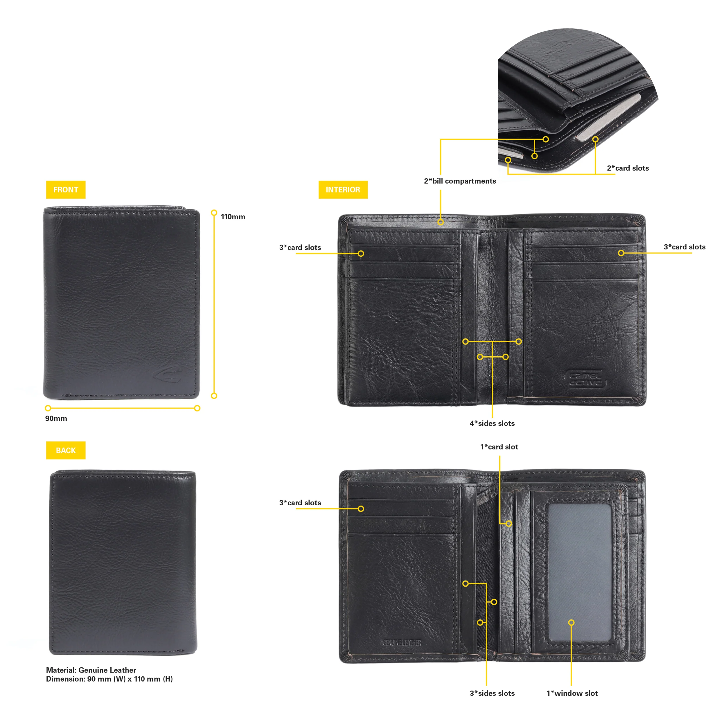 camel active Men Bi Fold Wallet Leather 10 Card Compartments Grainy Finished Black VWF6B10GY6#BLK - Image 8