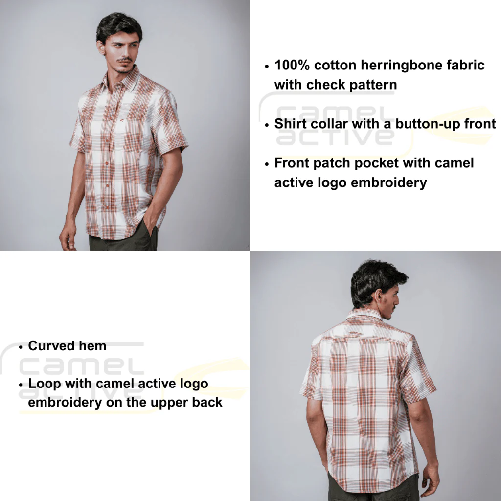 camel active Men Checkered Shirt - Regular Fit Cotton Herringbone Auburn Shirt 102-Z25H1883 - Image 4