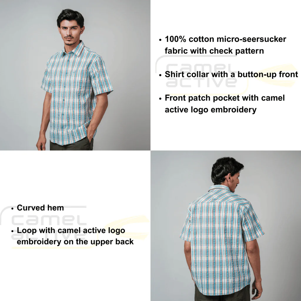 camel active Men Checkered Shirt - Regular Fit Cotton Seersucker Blue Turquoise Shirt 102-Z25H1882 - Image 4