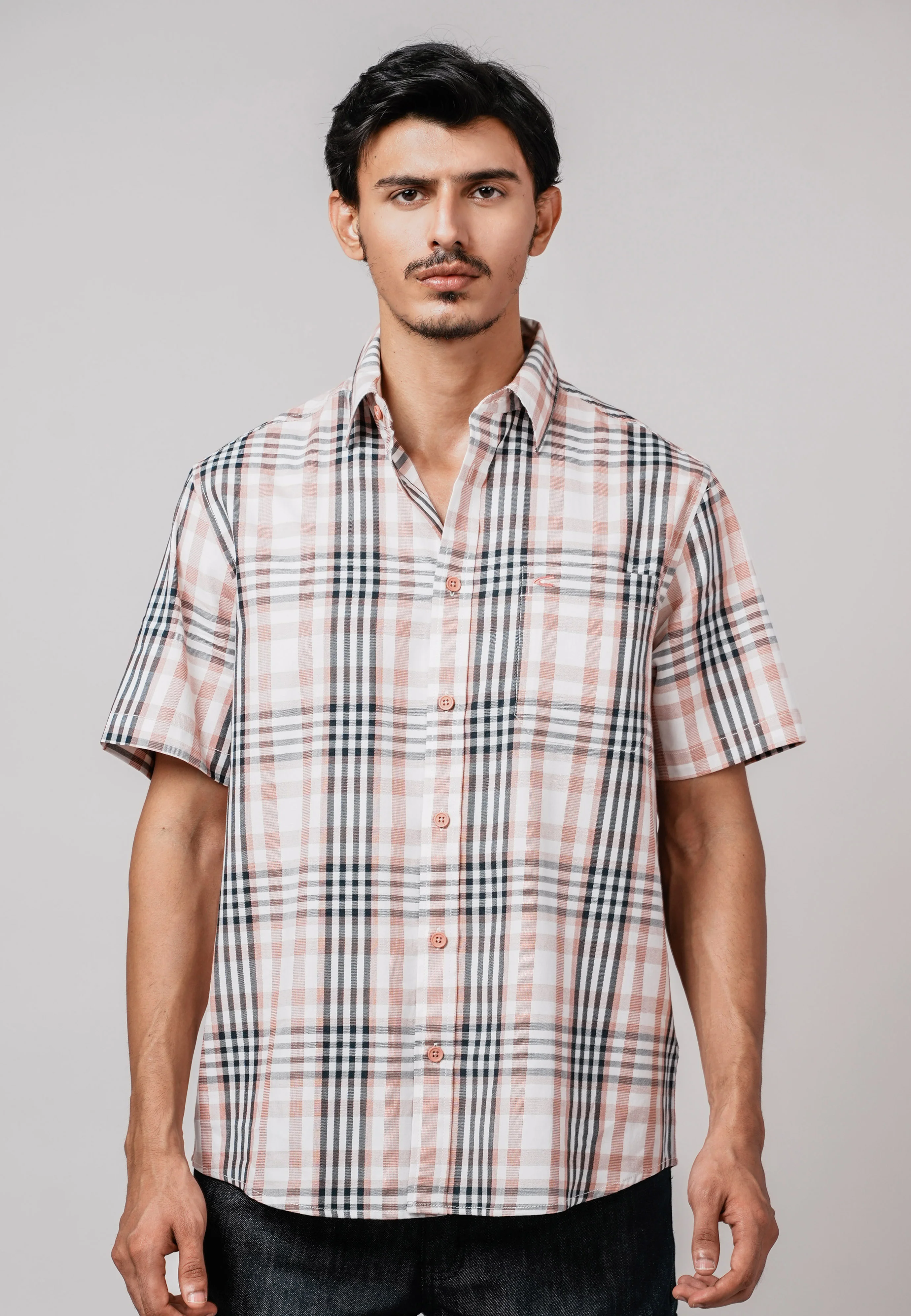 camel active Men Checkered Shirt - Regular Fit Cotton Twill Burnt Orange Shirt 102-Z25H1880